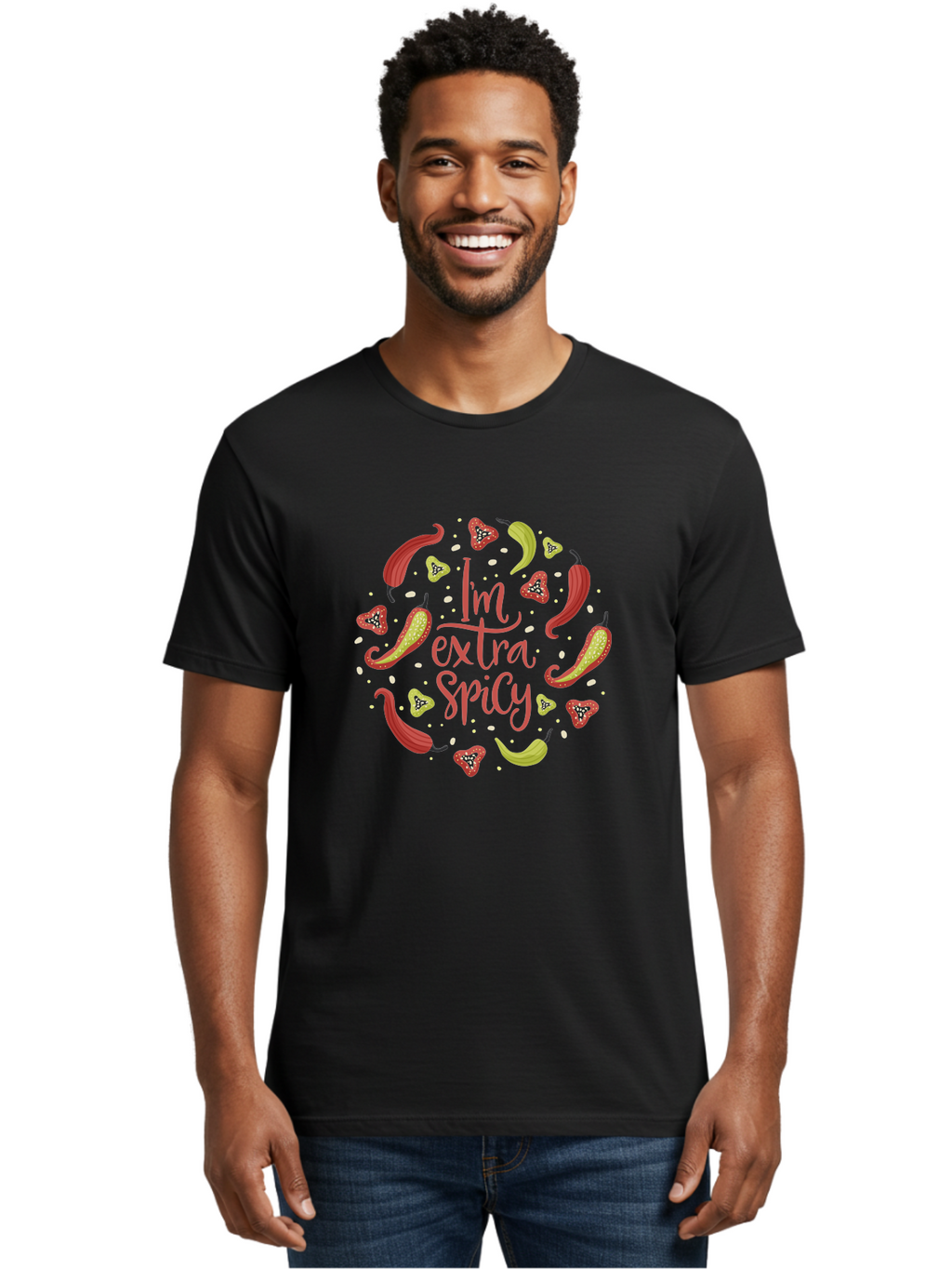 I-M-Extra-Spicy Men'S Graphic Tee, 100% Cotton, Comfortable Casual Summer Wear, Machine Washable, I'M Extra Spicy, Chilli Peppers, Strawberries, Spicy Food, Hot Sauce, Bold Flavors, Vibrant Colors, Playful Design, Quirky Typography, -  Aaa261