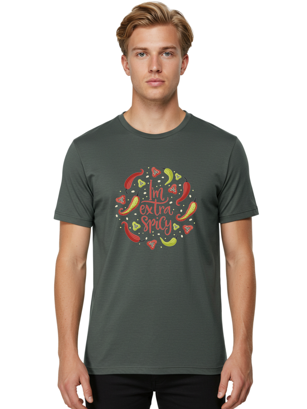 I-M-Extra-Spicy Men'S Graphic Tee, 100% Cotton, Comfortable Casual Summer Wear, Machine Washable, I'M Extra Spicy, Chilli Peppers, Strawberries, Spicy Food, Hot Sauce, Bold Flavors, Vibrant Colors, Playful Design, Quirky Typography, -  Aaa261