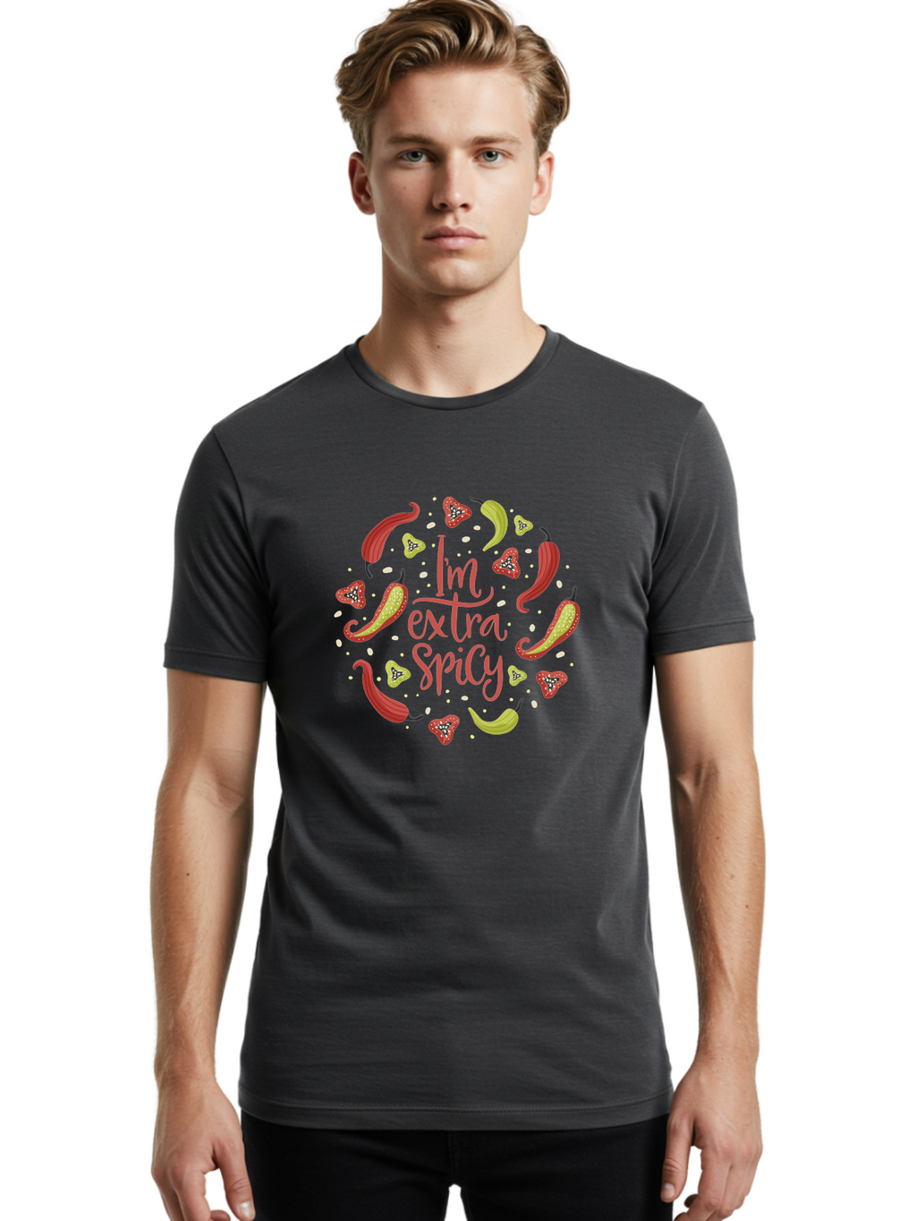 I-M-Extra-Spicy Men'S Graphic Tee, 100% Cotton, Comfortable Casual Summer Wear, Machine Washable, I'M Extra Spicy, Chilli Peppers, Strawberries, Spicy Food, Hot Sauce, Bold Flavors, Vibrant Colors, Playful Design, Quirky Typography, -  Aaa261