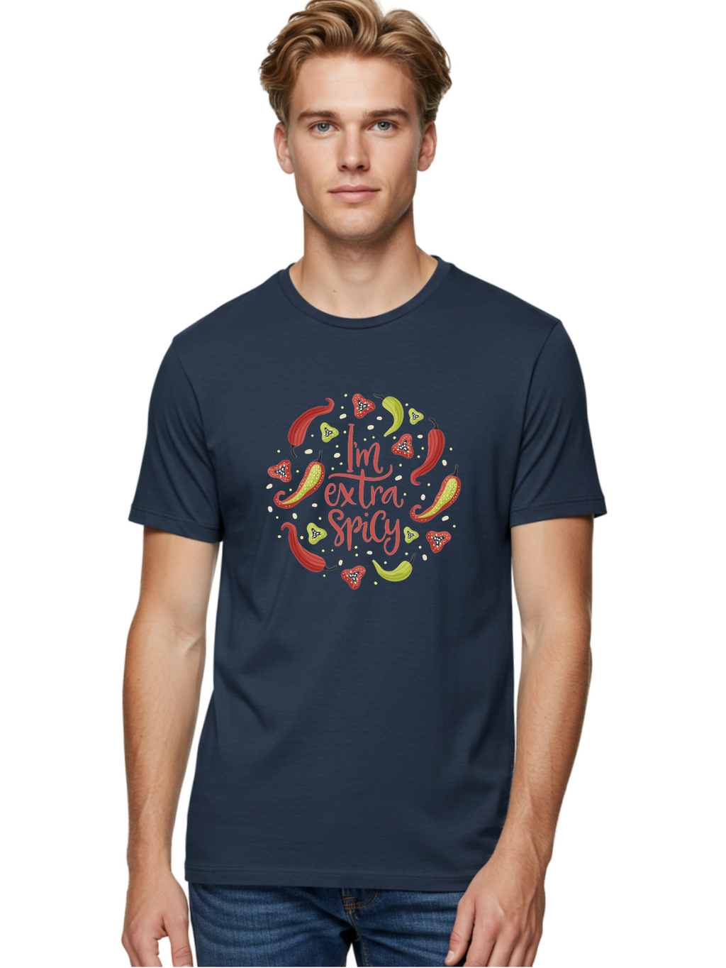 I-M-Extra-Spicy Men'S Graphic Tee, 100% Cotton, Comfortable Casual Summer Wear, Machine Washable, I'M Extra Spicy, Chilli Peppers, Strawberries, Spicy Food, Hot Sauce, Bold Flavors, Vibrant Colors, Playful Design, Quirky Typography, -  Aaa261