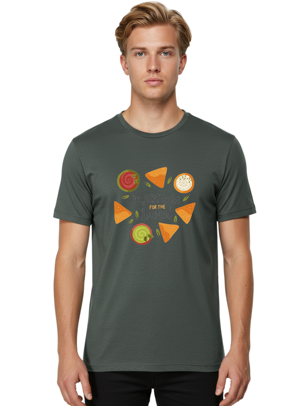 I-M-Just-Here-For-The-Nachos-1 Men'S Graphic Tee, 100% Cotton, Comfortable Casual Summer Wear, Machine Washable, Nachos, Dips, Salsa, Guacamole, Queso, Tortilla Chips, Snack Time, Mexican Food, Party Food, Nacho Cheese, Appetizer -  Aaa262
