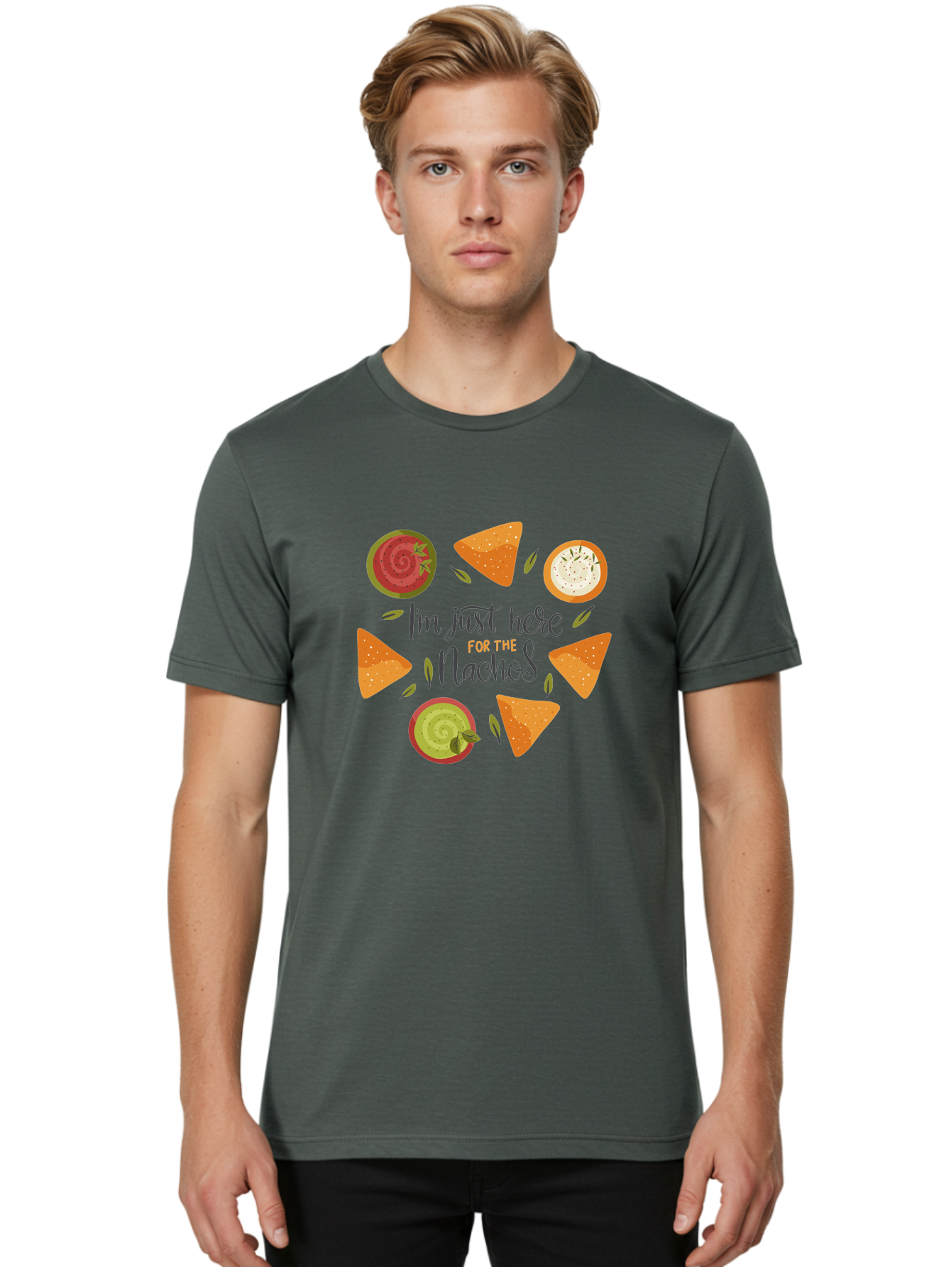 I-M-Just-Here-For-The-Nachos-1 Men'S Graphic Tee, 100% Cotton, Comfortable Casual Summer Wear, Machine Washable, Nachos, Dips, Salsa, Guacamole, Queso, Tortilla Chips, Snack Time, Mexican Food, Party Food, Nacho Cheese, Appetizer -  Aaa262
