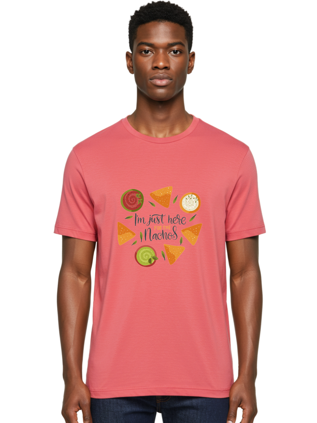 I-M-Just-Here-For-The-Nachos-1 Men'S Graphic Tee, 100% Cotton, Comfortable Casual Summer Wear, Machine Washable, Nachos, Dips, Salsa, Guacamole, Queso, Tortilla Chips, Snack Time, Mexican Food, Party Food, Nacho Cheese, Appetizer -  Aaa262