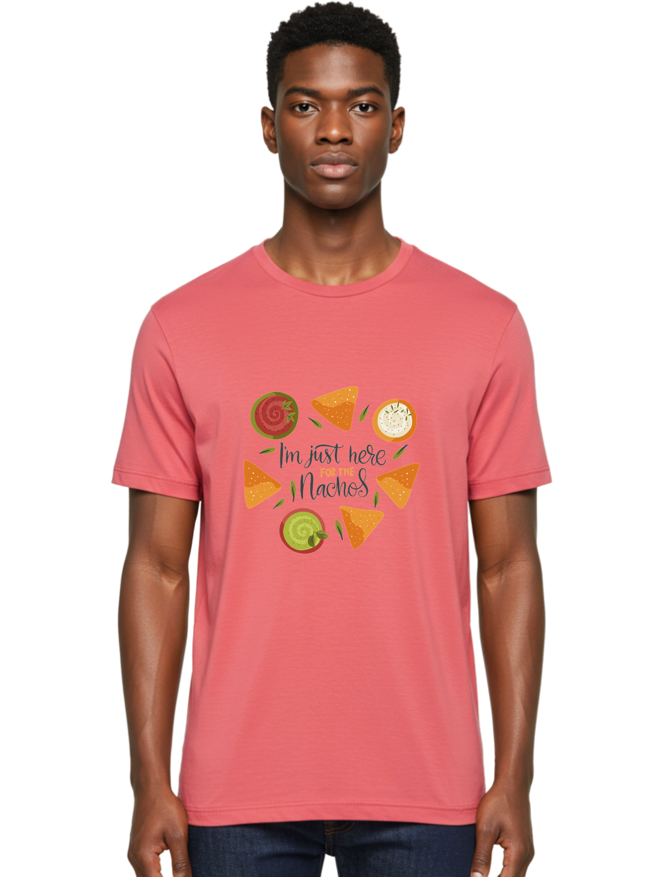 I-M-Just-Here-For-The-Nachos-1 Men'S Graphic Tee, 100% Cotton, Comfortable Casual Summer Wear, Machine Washable, Nachos, Dips, Salsa, Guacamole, Queso, Tortilla Chips, Snack Time, Mexican Food, Party Food, Nacho Cheese, Appetizer -  Aaa262