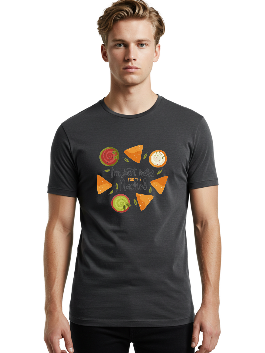 I-M-Just-Here-For-The-Nachos-1 Men'S Graphic Tee, 100% Cotton, Comfortable Casual Summer Wear, Machine Washable, Nachos, Dips, Salsa, Guacamole, Queso, Tortilla Chips, Snack Time, Mexican Food, Party Food, Nacho Cheese, Appetizer -  Aaa262
