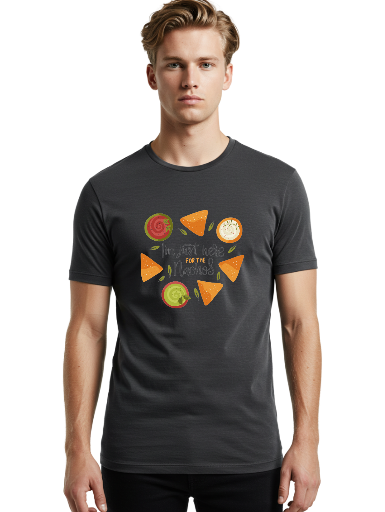 I-M-Just-Here-For-The-Nachos-1 Men'S Graphic Tee, 100% Cotton, Comfortable Casual Summer Wear, Machine Washable, Nachos, Dips, Salsa, Guacamole, Queso, Tortilla Chips, Snack Time, Mexican Food, Party Food, Nacho Cheese, Appetizer -  Aaa262