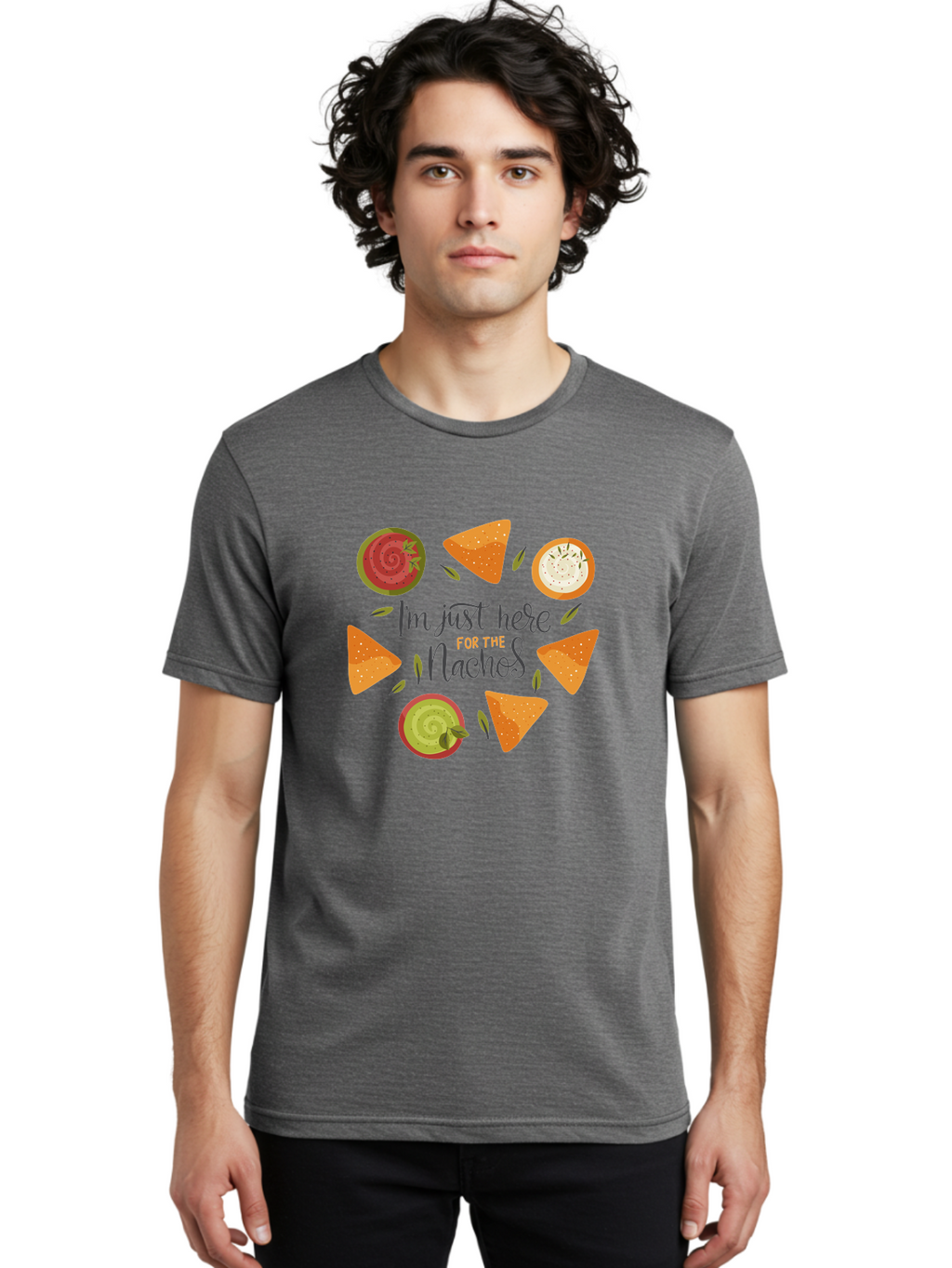 I-M-Just-Here-For-The-Nachos-1 Men'S Graphic Tee, 100% Cotton, Comfortable Casual Summer Wear, Machine Washable, Nachos, Dips, Salsa, Guacamole, Queso, Tortilla Chips, Snack Time, Mexican Food, Party Food, Nacho Cheese, Appetizer -  Aaa262