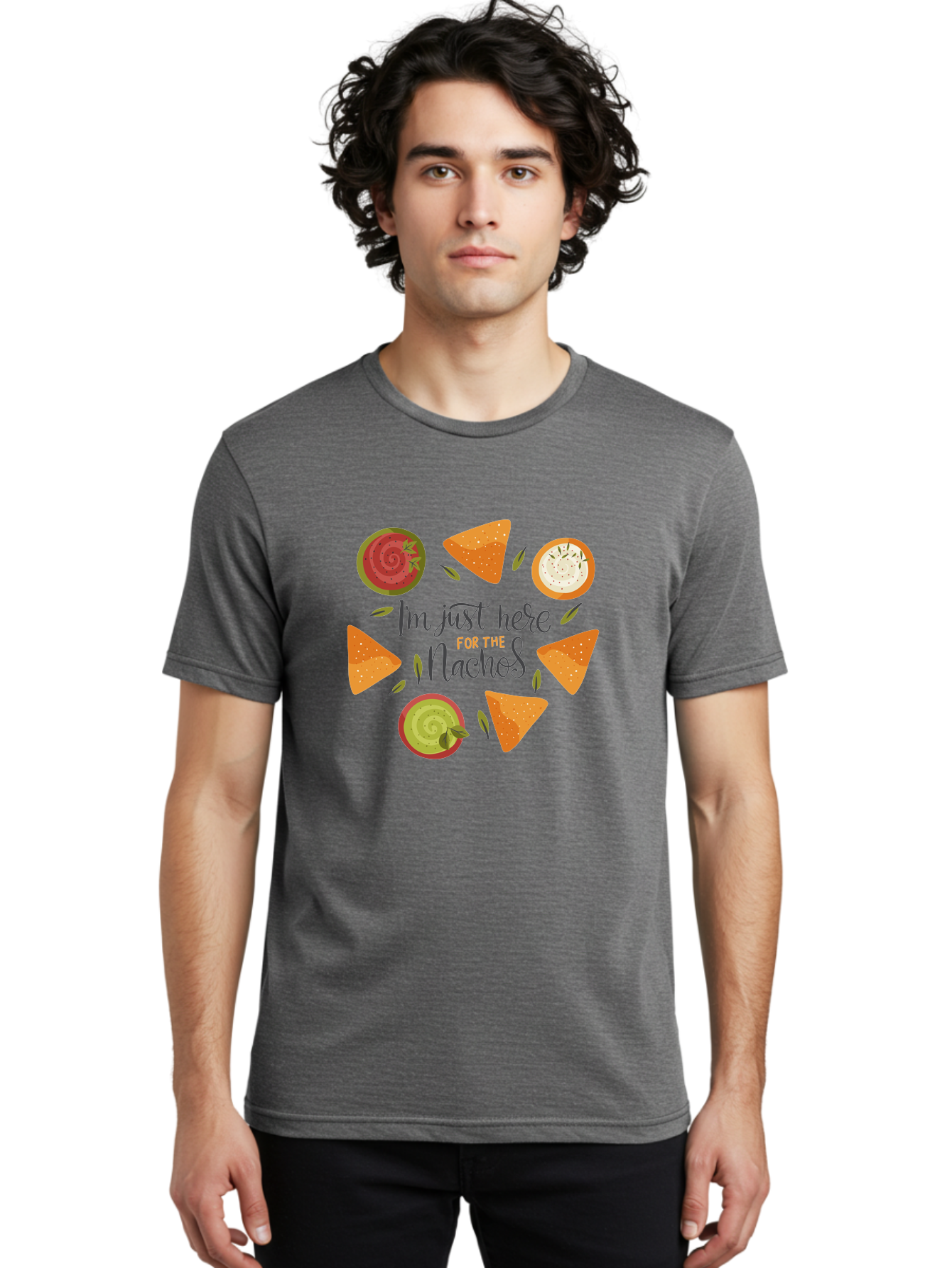 I-M-Just-Here-For-The-Nachos-1 Men'S Graphic Tee, 100% Cotton, Comfortable Casual Summer Wear, Machine Washable, Nachos, Dips, Salsa, Guacamole, Queso, Tortilla Chips, Snack Time, Mexican Food, Party Food, Nacho Cheese, Appetizer -  Aaa262