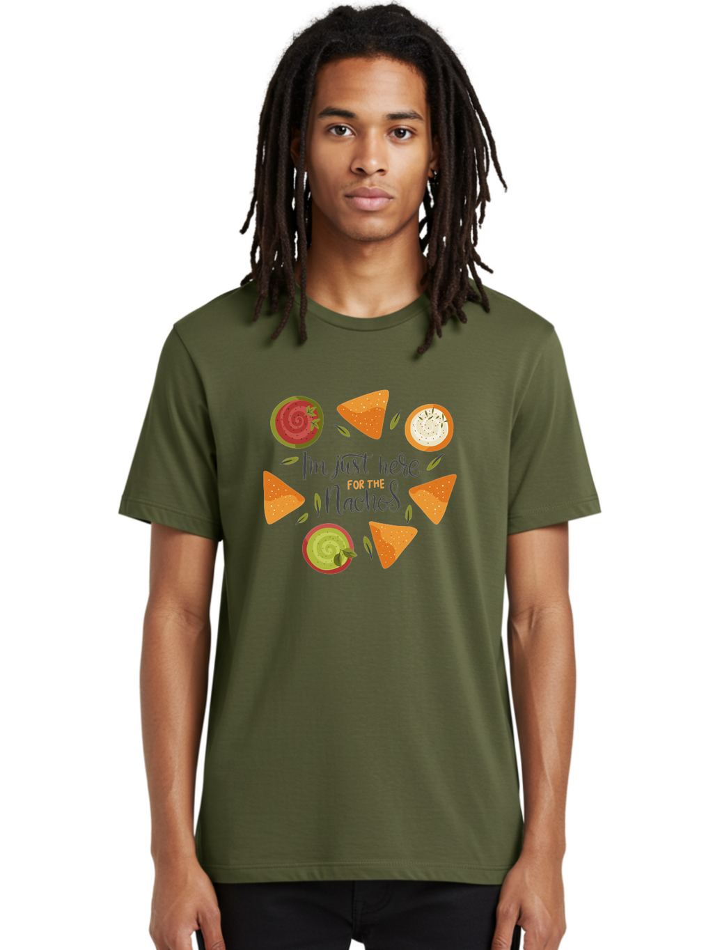 I-M-Just-Here-For-The-Nachos-1 Men'S Graphic Tee, 100% Cotton, Comfortable Casual Summer Wear, Machine Washable, Nachos, Dips, Salsa, Guacamole, Queso, Tortilla Chips, Snack Time, Mexican Food, Party Food, Nacho Cheese, Appetizer -  Aaa262