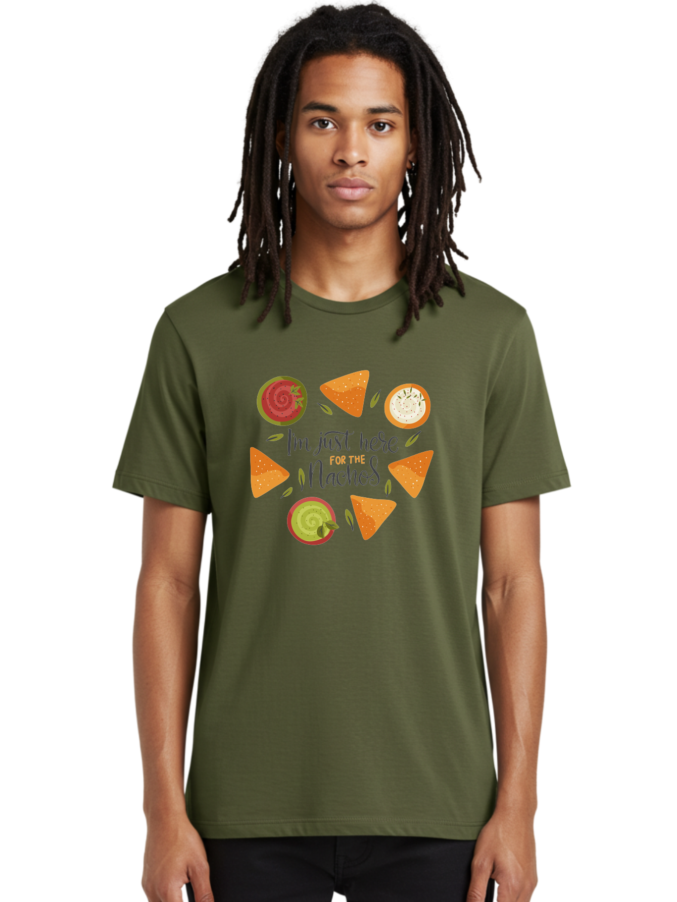 I-M-Just-Here-For-The-Nachos-1 Men'S Graphic Tee, 100% Cotton, Comfortable Casual Summer Wear, Machine Washable, Nachos, Dips, Salsa, Guacamole, Queso, Tortilla Chips, Snack Time, Mexican Food, Party Food, Nacho Cheese, Appetizer -  Aaa262