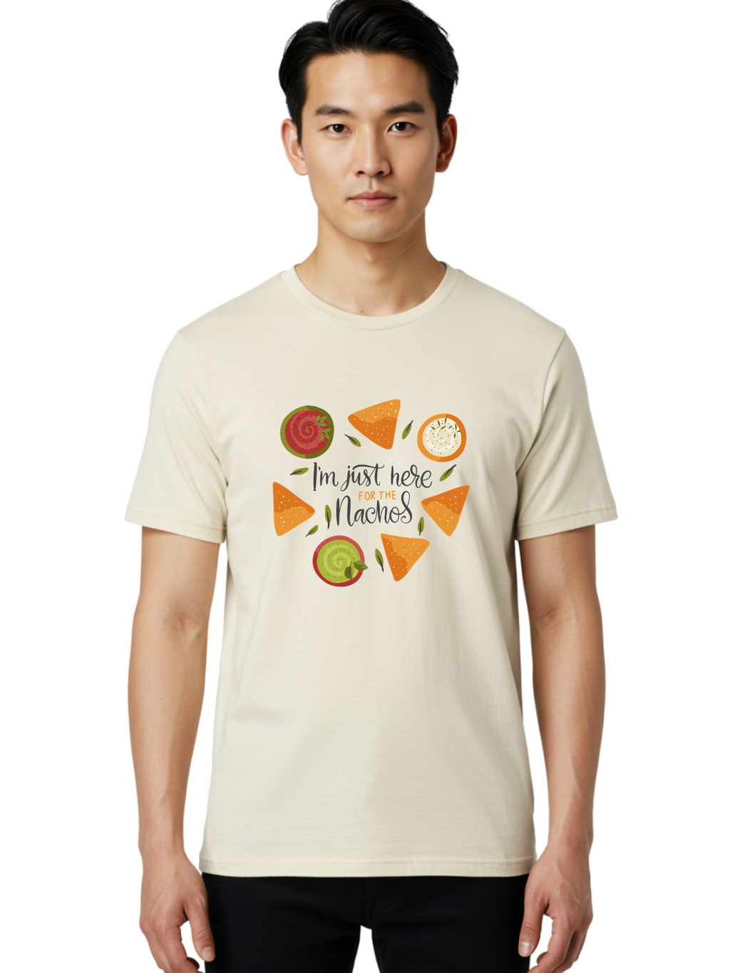 I-M-Just-Here-For-The-Nachos-1 Men'S Graphic Tee, 100% Cotton, Comfortable Casual Summer Wear, Machine Washable, Nachos, Dips, Salsa, Guacamole, Queso, Tortilla Chips, Snack Time, Mexican Food, Party Food, Nacho Cheese, Appetizer -  Aaa262
