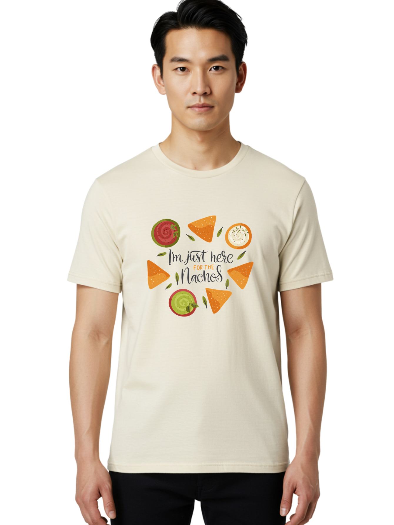 I-M-Just-Here-For-The-Nachos-1 Men'S Graphic Tee, 100% Cotton, Comfortable Casual Summer Wear, Machine Washable, Nachos, Dips, Salsa, Guacamole, Queso, Tortilla Chips, Snack Time, Mexican Food, Party Food, Nacho Cheese, Appetizer -  Aaa262