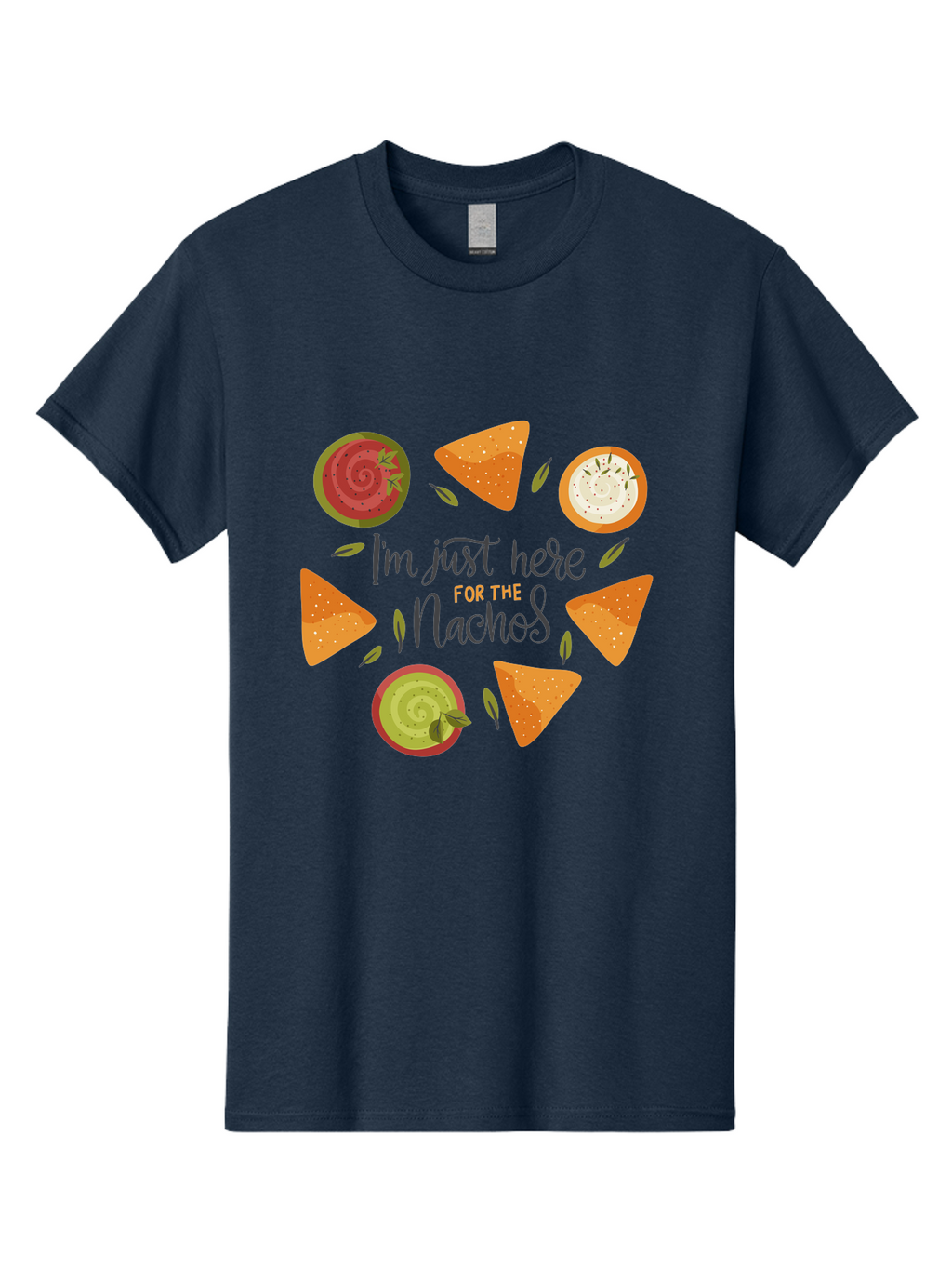 I-M-Just-Here-For-The-Nachos-1 Men'S Graphic Tee, 100% Cotton, Comfortable Casual Summer Wear, Machine Washable, Nachos, Dips, Salsa, Guacamole, Queso, Tortilla Chips, Snack Time, Mexican Food, Party Food, Nacho Cheese, Appetizer -  Aaa262
