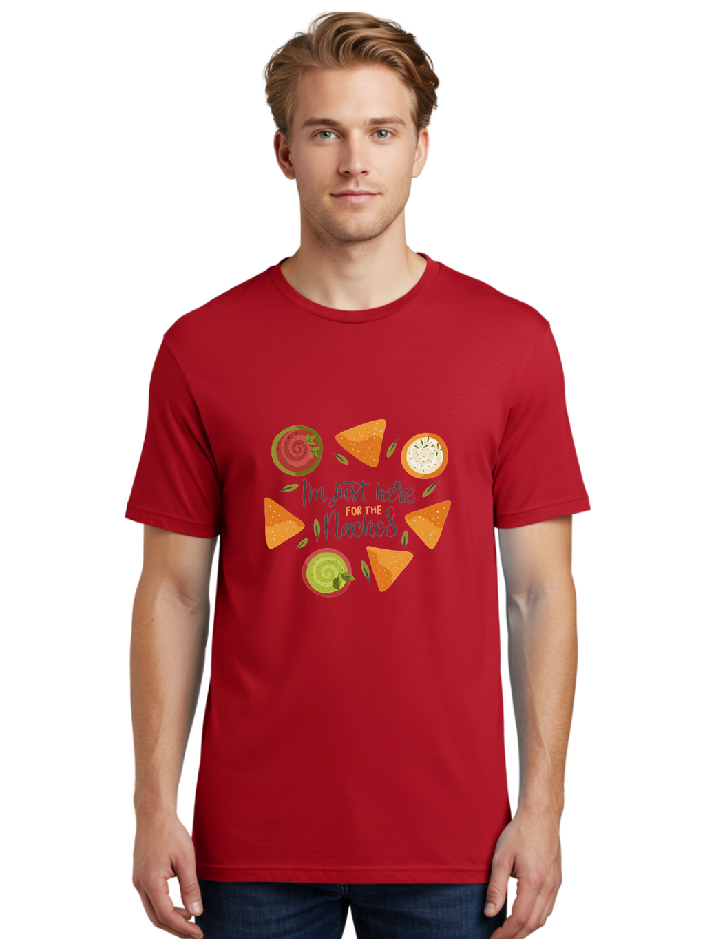 I-M-Just-Here-For-The-Nachos-1 Men'S Graphic Tee, 100% Cotton, Comfortable Casual Summer Wear, Machine Washable, Nachos, Dips, Salsa, Guacamole, Queso, Tortilla Chips, Snack Time, Mexican Food, Party Food, Nacho Cheese, Appetizer -  Aaa262