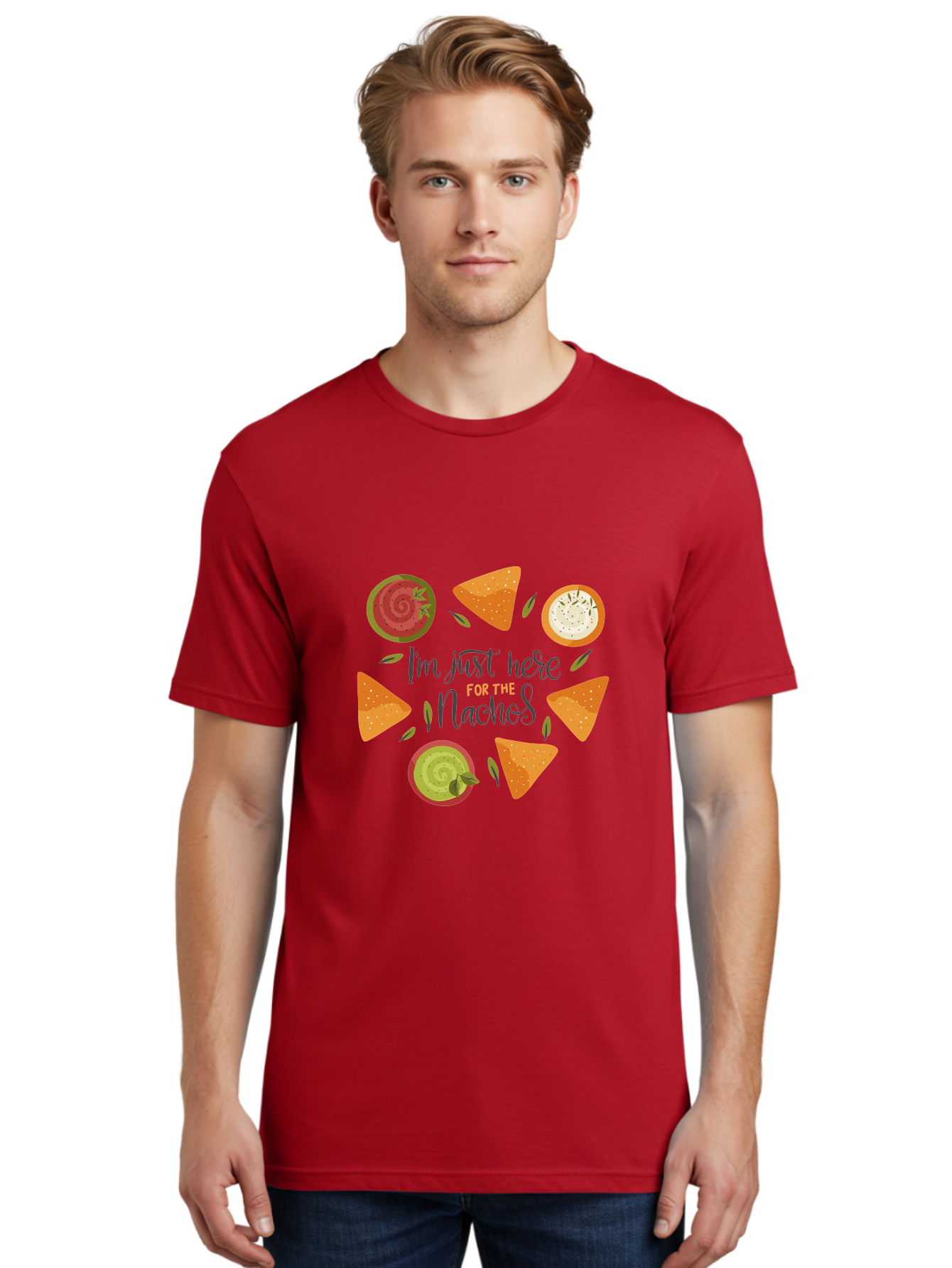 I-M-Just-Here-For-The-Nachos-1 Men'S Graphic Tee, 100% Cotton, Comfortable Casual Summer Wear, Machine Washable, Nachos, Dips, Salsa, Guacamole, Queso, Tortilla Chips, Snack Time, Mexican Food, Party Food, Nacho Cheese, Appetizer -  Aaa262