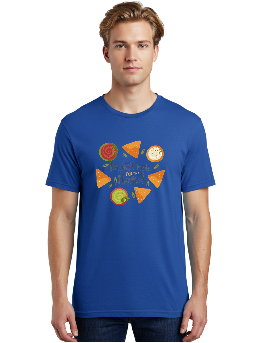 I-M-Just-Here-For-The-Nachos-1 Men'S Graphic Tee, 100% Cotton, Comfortable Casual Summer Wear, Machine Washable, Nachos, Dips, Salsa, Guacamole, Queso, Tortilla Chips, Snack Time, Mexican Food, Party Food, Nacho Cheese, Appetizer -  Aaa262