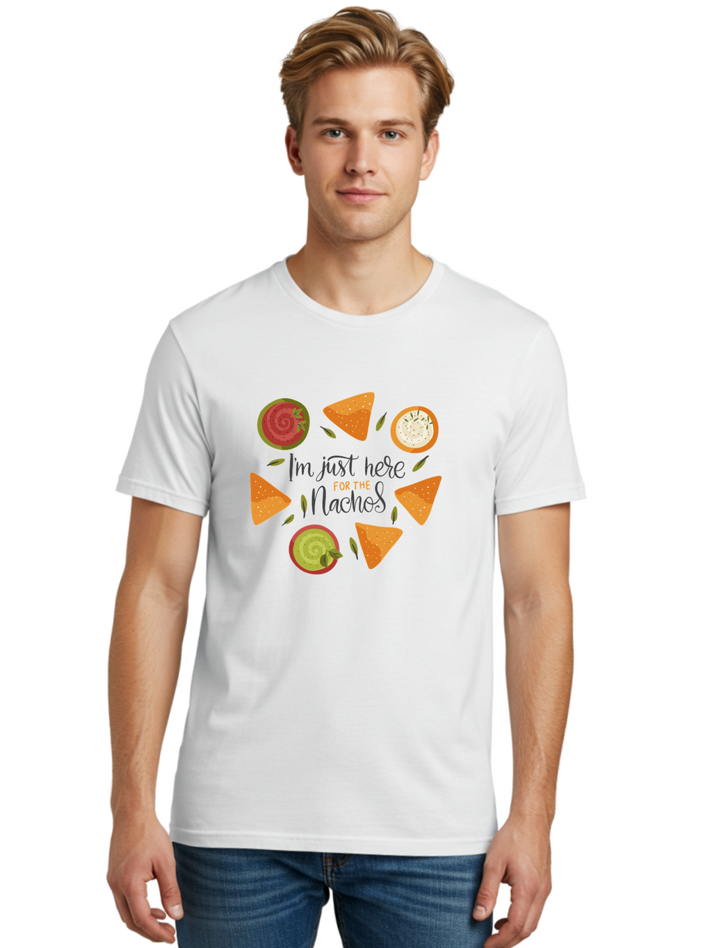 I-M-Just-Here-For-The-Nachos-1 Men'S Graphic Tee, 100% Cotton, Comfortable Casual Summer Wear, Machine Washable, Nachos, Dips, Salsa, Guacamole, Queso, Tortilla Chips, Snack Time, Mexican Food, Party Food, Nacho Cheese, Appetizer -  Aaa262