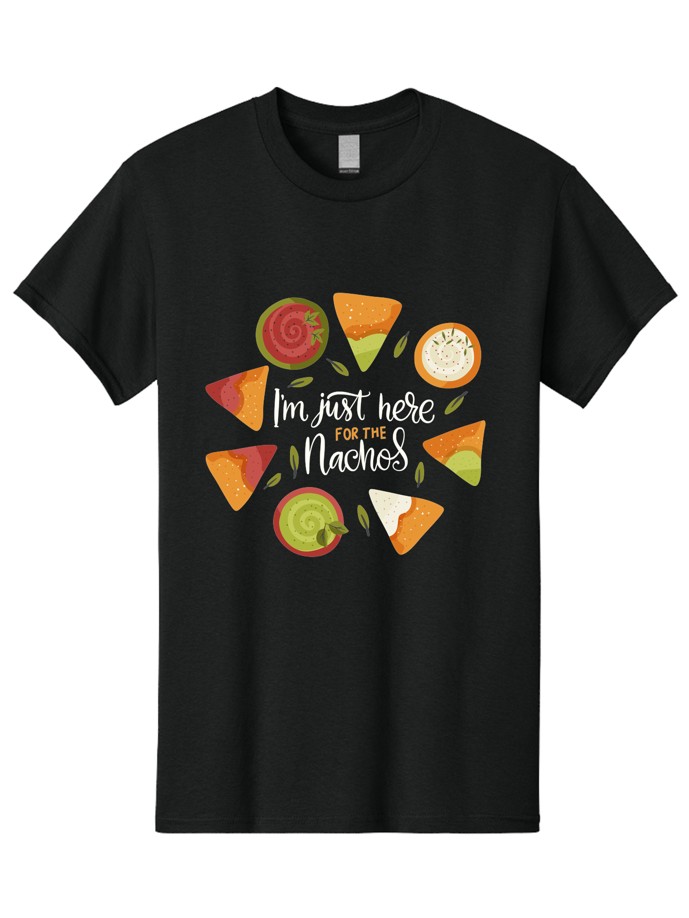 I-M-Just-Here-For-The-Nachos Men'S Graphic Tee, 100% Cotton, Comfortable Casual Summer Wear, Machine Washable, Nachos, Tortilla Chips, Dips, Salsa, Guacamole, Mexican Food, Snack Time, Party Food, Appetizer, Finger Food, Delicious -  Aaa265