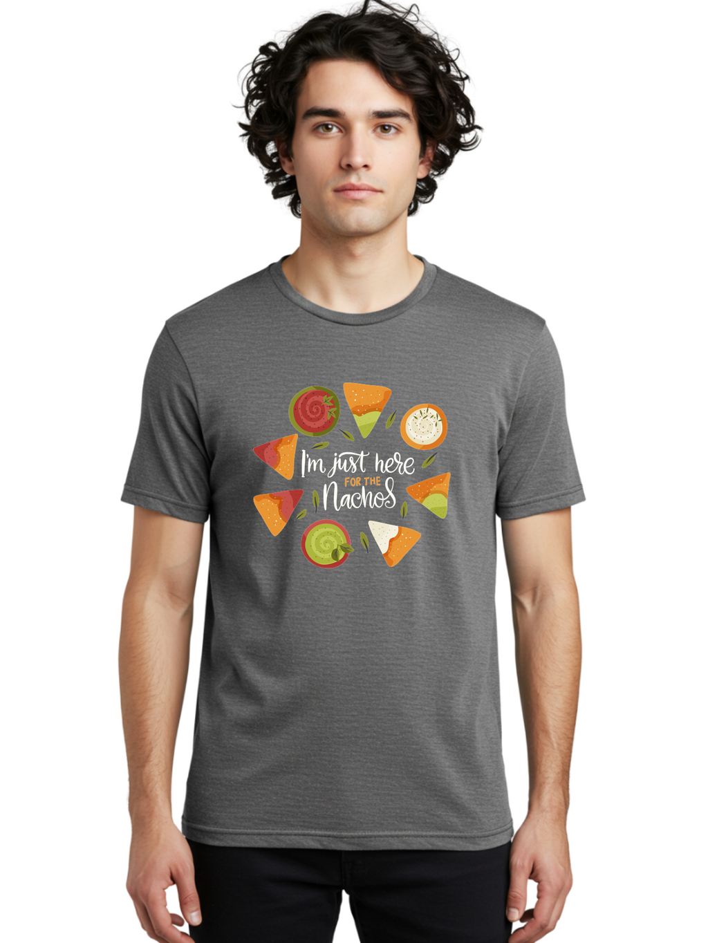 I-M-Just-Here-For-The-Nachos Men'S Graphic Tee, 100% Cotton, Comfortable Casual Summer Wear, Machine Washable, Nachos, Tortilla Chips, Dips, Salsa, Guacamole, Mexican Food, Snack Time, Party Food, Appetizer, Finger Food, Delicious -  Aaa265