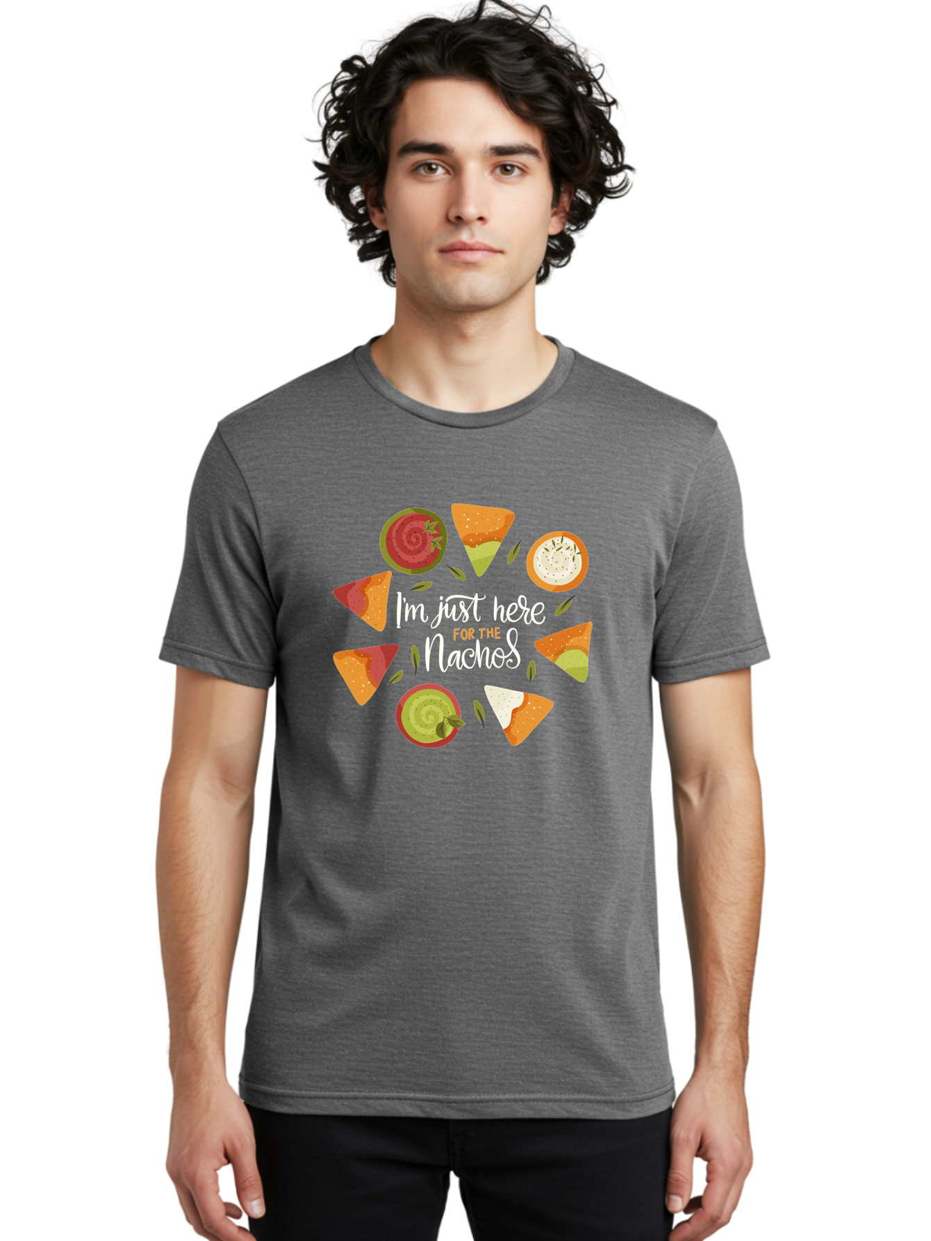 I-M-Just-Here-For-The-Nachos Men'S Graphic Tee, 100% Cotton, Comfortable Casual Summer Wear, Machine Washable, Nachos, Tortilla Chips, Dips, Salsa, Guacamole, Mexican Food, Snack Time, Party Food, Appetizer, Finger Food, Delicious -  Aaa265