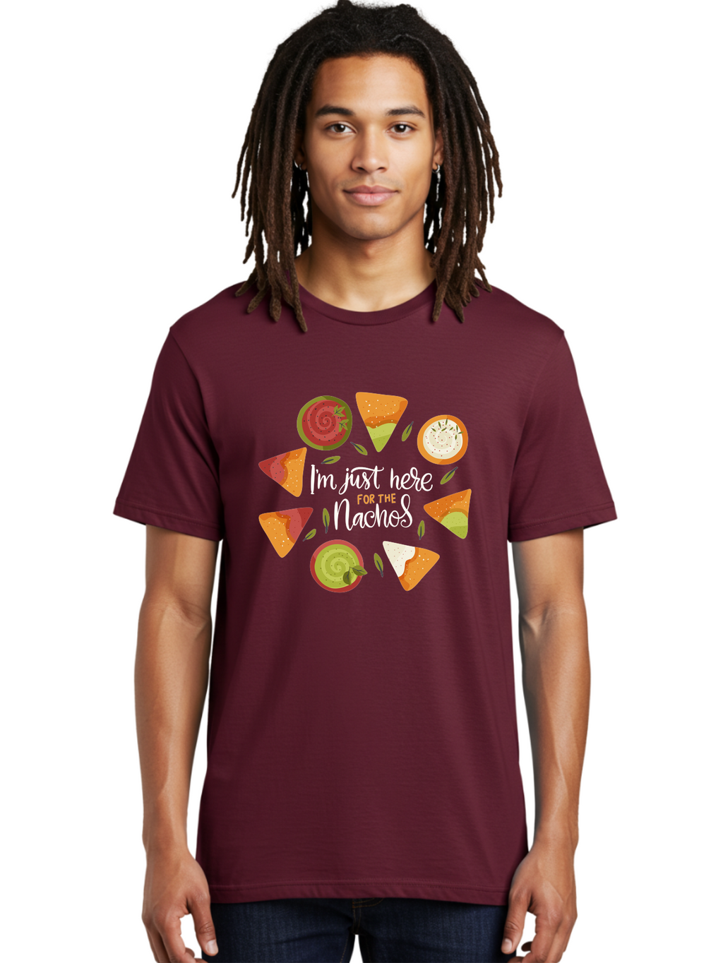 I-M-Just-Here-For-The-Nachos Men'S Graphic Tee, 100% Cotton, Comfortable Casual Summer Wear, Machine Washable, Nachos, Tortilla Chips, Dips, Salsa, Guacamole, Mexican Food, Snack Time, Party Food, Appetizer, Finger Food, Delicious -  Aaa265