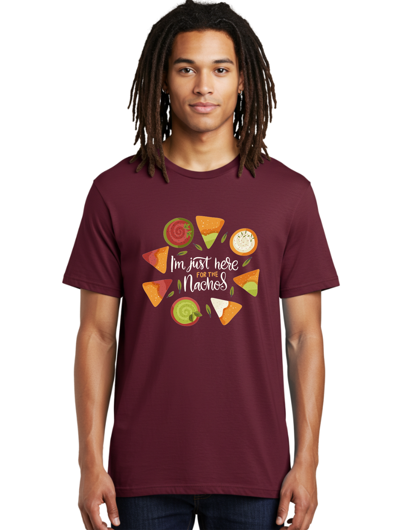 I-M-Just-Here-For-The-Nachos Men'S Graphic Tee, 100% Cotton, Comfortable Casual Summer Wear, Machine Washable, Nachos, Tortilla Chips, Dips, Salsa, Guacamole, Mexican Food, Snack Time, Party Food, Appetizer, Finger Food, Delicious -  Aaa265