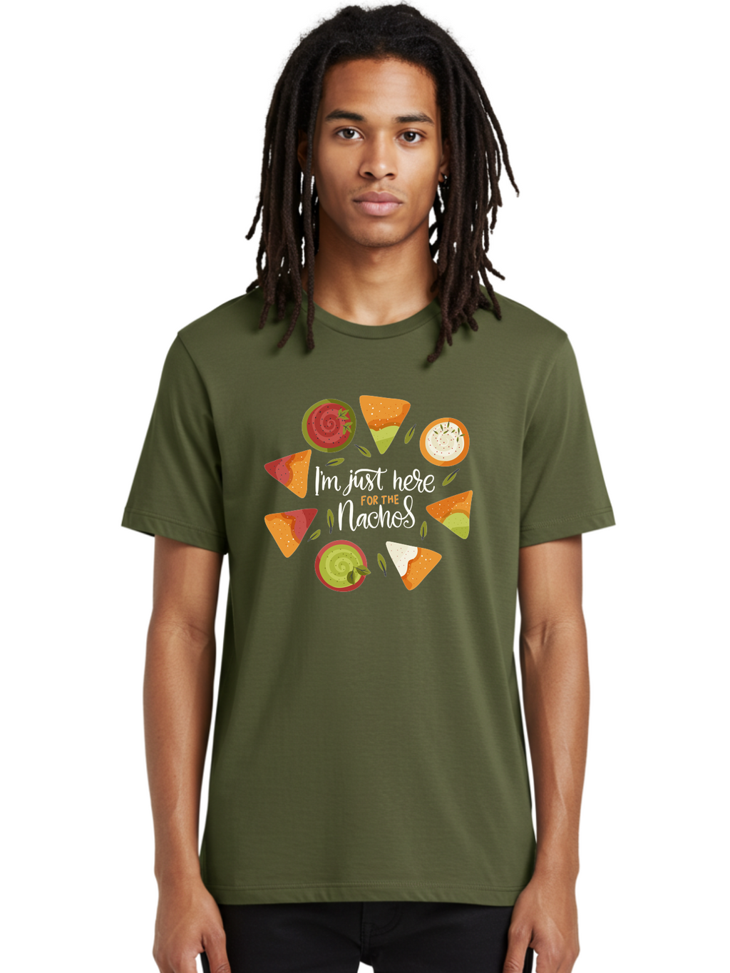I-M-Just-Here-For-The-Nachos Men'S Graphic Tee, 100% Cotton, Comfortable Casual Summer Wear, Machine Washable, Nachos, Tortilla Chips, Dips, Salsa, Guacamole, Mexican Food, Snack Time, Party Food, Appetizer, Finger Food, Delicious -  Aaa265