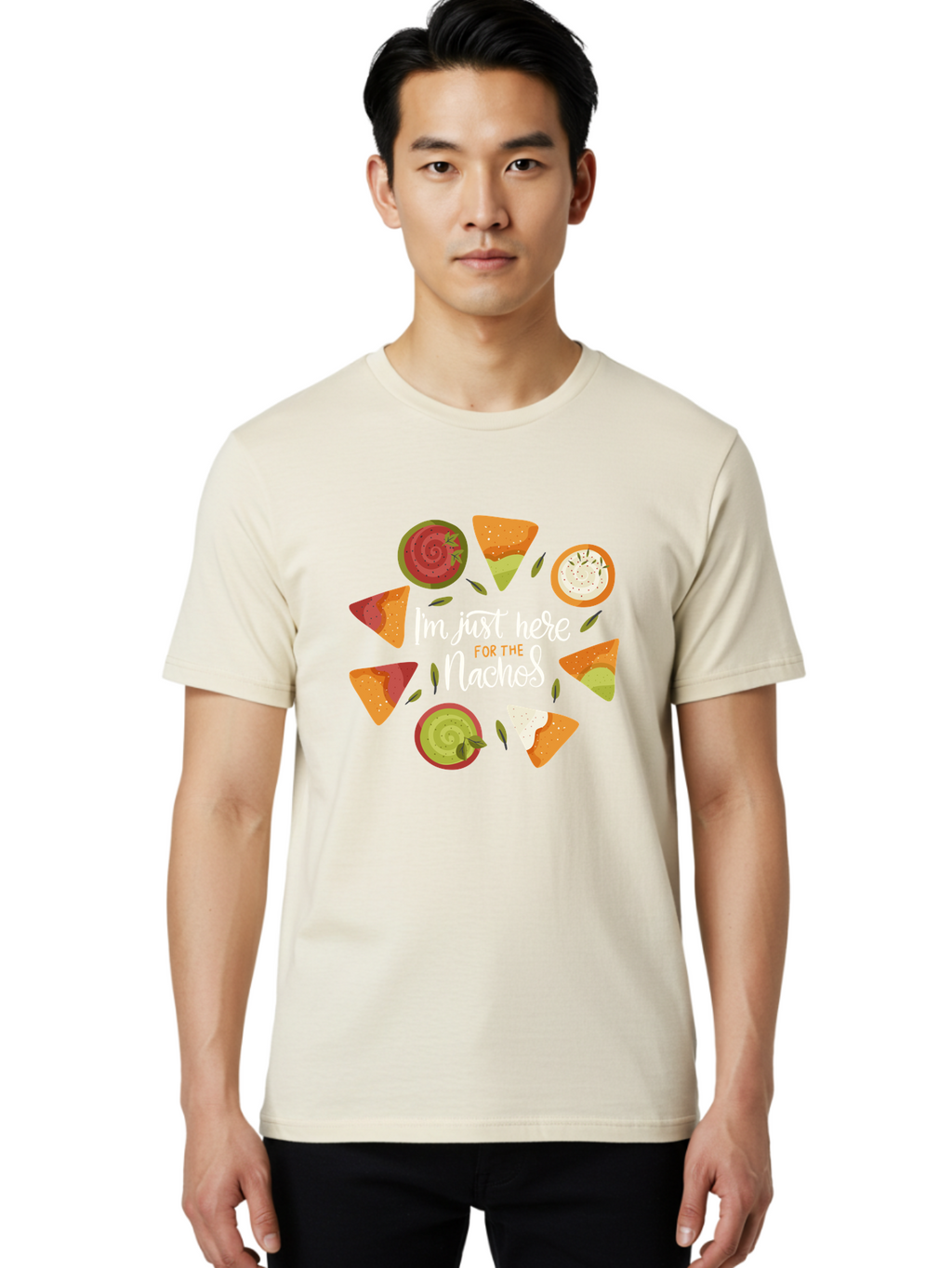 I-M-Just-Here-For-The-Nachos Men'S Graphic Tee, 100% Cotton, Comfortable Casual Summer Wear, Machine Washable, Nachos, Tortilla Chips, Dips, Salsa, Guacamole, Mexican Food, Snack Time, Party Food, Appetizer, Finger Food, Delicious -  Aaa265