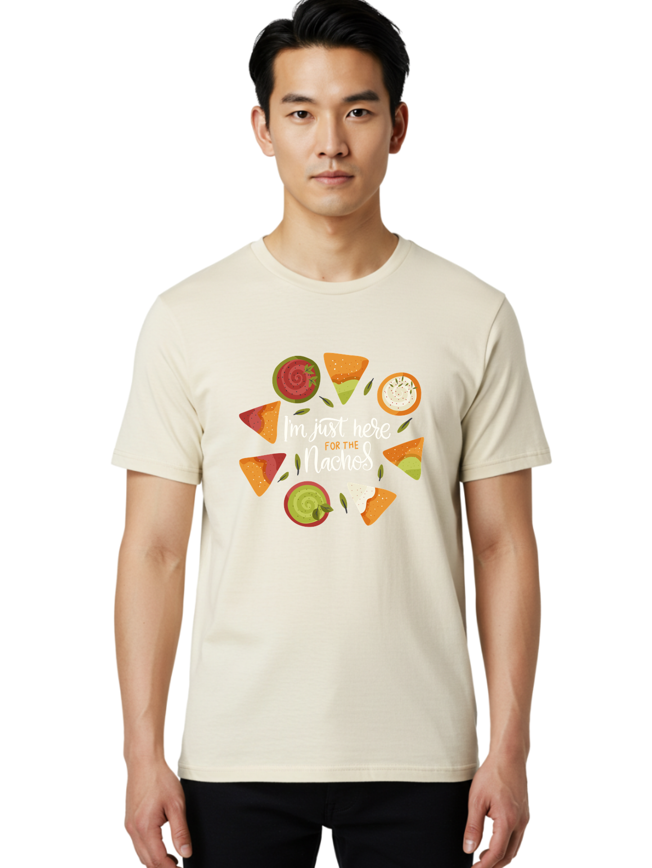 I-M-Just-Here-For-The-Nachos Men'S Graphic Tee, 100% Cotton, Comfortable Casual Summer Wear, Machine Washable, Nachos, Tortilla Chips, Dips, Salsa, Guacamole, Mexican Food, Snack Time, Party Food, Appetizer, Finger Food, Delicious -  Aaa265