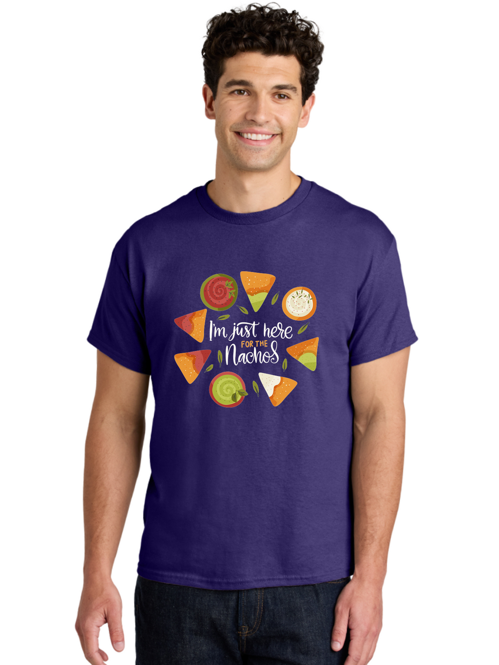 I-M-Just-Here-For-The-Nachos Men'S Graphic Tee, 100% Cotton, Comfortable Casual Summer Wear, Machine Washable, Nachos, Tortilla Chips, Dips, Salsa, Guacamole, Mexican Food, Snack Time, Party Food, Appetizer, Finger Food, Delicious -  Aaa265