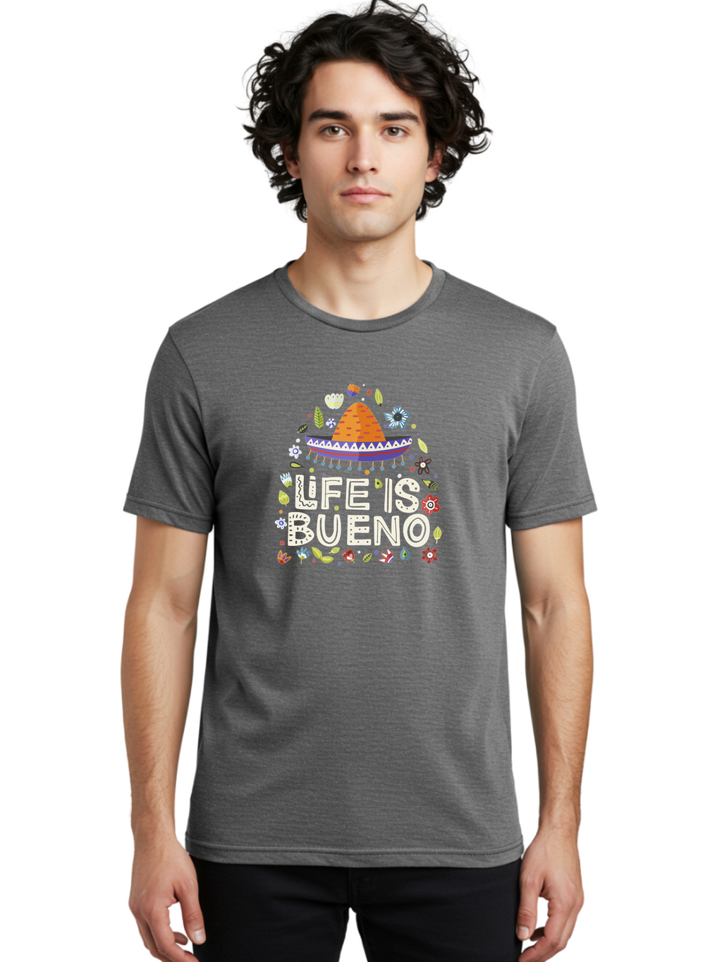 Life-Is-Bueno-1 Men'S Graphic Tee, 100% Cotton, Comfortable Casual Summer Wear, Machine Washable, Colorful Illustration, Sombrero Hat, Flowers, Leaves, Vibrant Colors, Festive Design, Mexican Culture, Positive Vibes, Inspirational Quote, -  Aaa269
