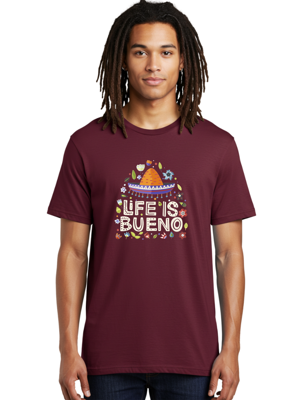 Life-Is-Bueno-1 Men'S Graphic Tee, 100% Cotton, Comfortable Casual Summer Wear, Machine Washable, Colorful Illustration, Sombrero Hat, Flowers, Leaves, Vibrant Colors, Festive Design, Mexican Culture, Positive Vibes, Inspirational Quote, -  Aaa269