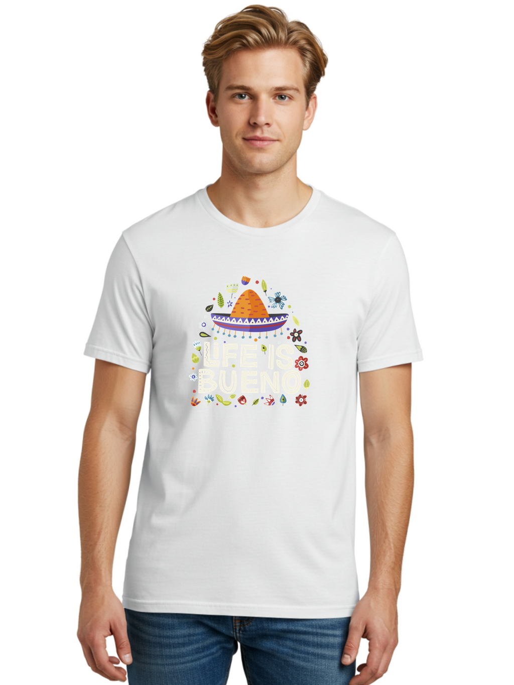 Life-Is-Bueno-1 Men'S Graphic Tee, 100% Cotton, Comfortable Casual Summer Wear, Machine Washable, Colorful Illustration, Sombrero Hat, Flowers, Leaves, Vibrant Colors, Festive Design, Mexican Culture, Positive Vibes, Inspirational Quote, -  Aaa269