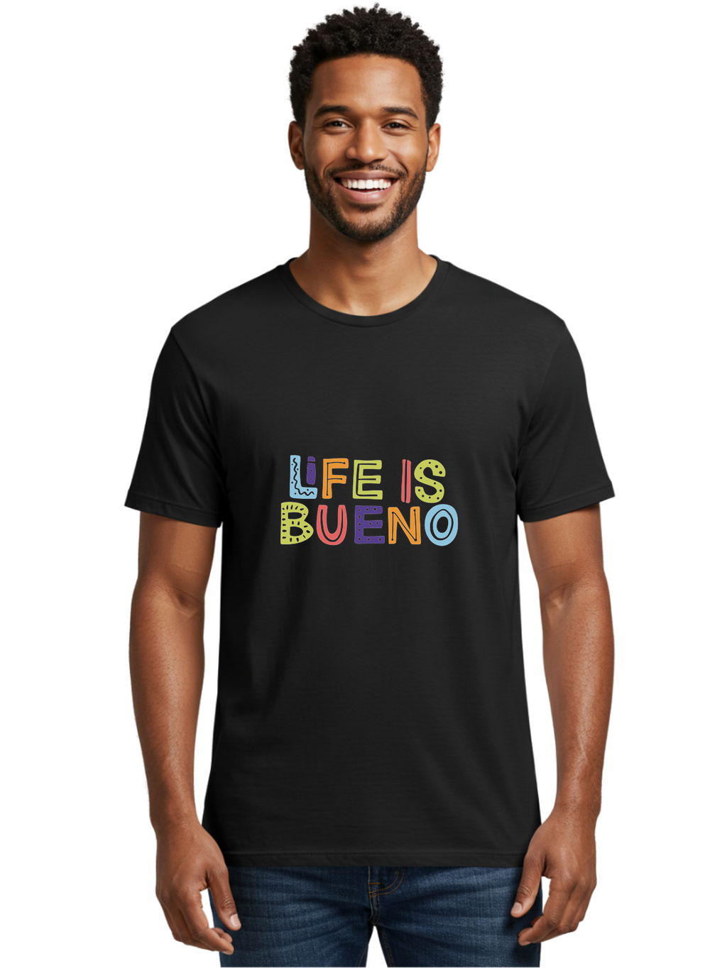 Life-Is-Bueno-2 Men'S Graphic Tee, 100% Cotton, Comfortable Casual Summer Wear, Machine Washable, Colorful Typography, Inspirational Quote, Life Is Bueno, Positive Vibes, Motivational Phrase, Good Times, Happiness, Text Graphic, -  Aaa270
