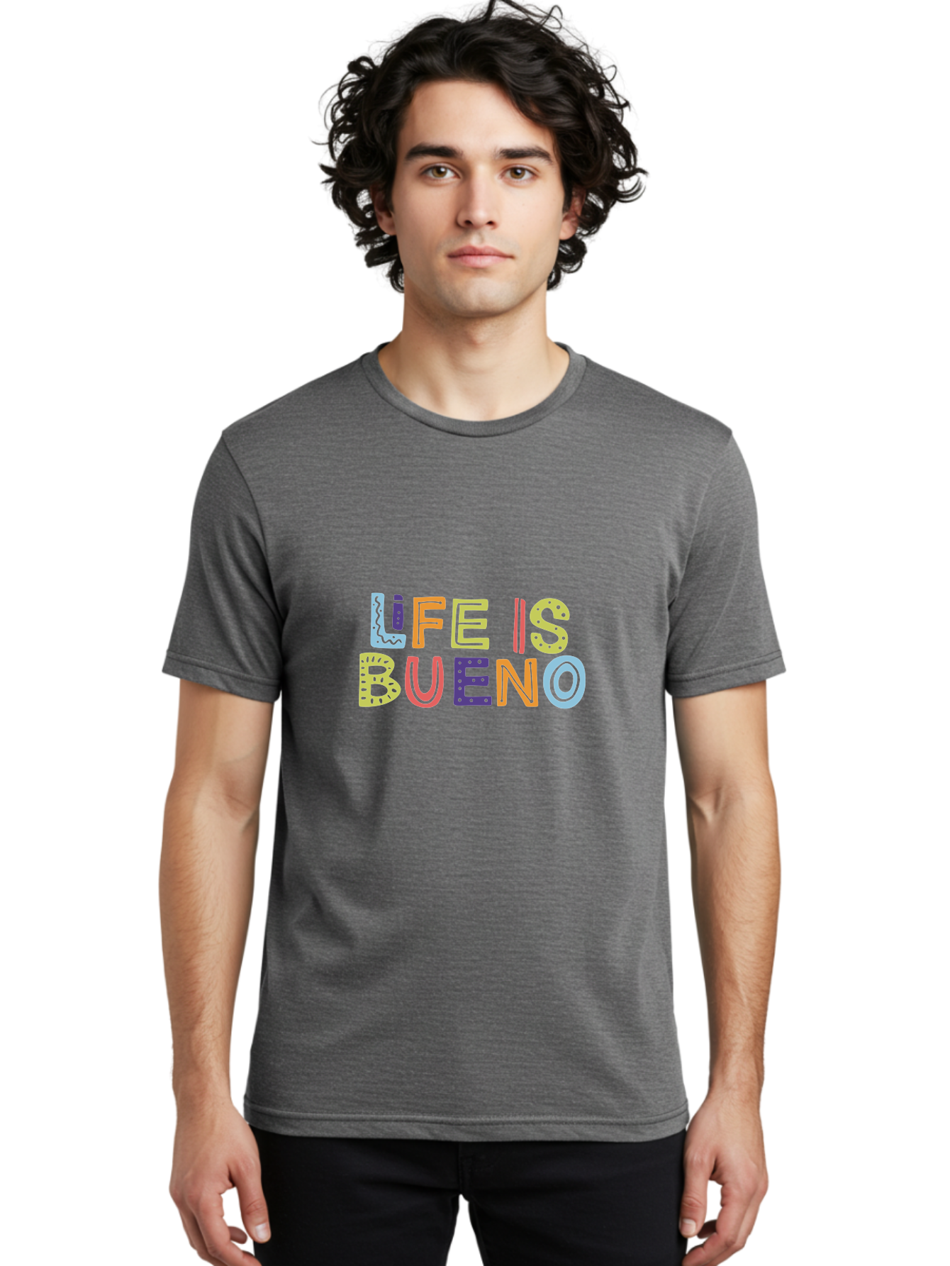 Life-Is-Bueno-2 Men'S Graphic Tee, 100% Cotton, Comfortable Casual Summer Wear, Machine Washable, Colorful Typography, Inspirational Quote, Life Is Bueno, Positive Vibes, Motivational Phrase, Good Times, Happiness, Text Graphic, -  Aaa270