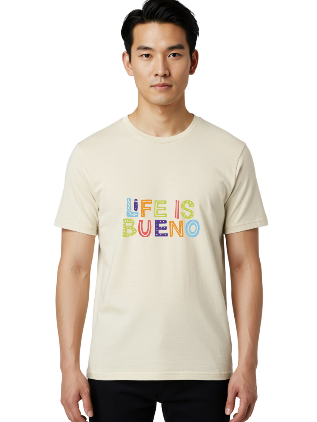 Life-Is-Bueno-2 Men'S Graphic Tee, 100% Cotton, Comfortable Casual Summer Wear, Machine Washable, Colorful Typography, Inspirational Quote, Life Is Bueno, Positive Vibes, Motivational Phrase, Good Times, Happiness, Text Graphic, -  Aaa270
