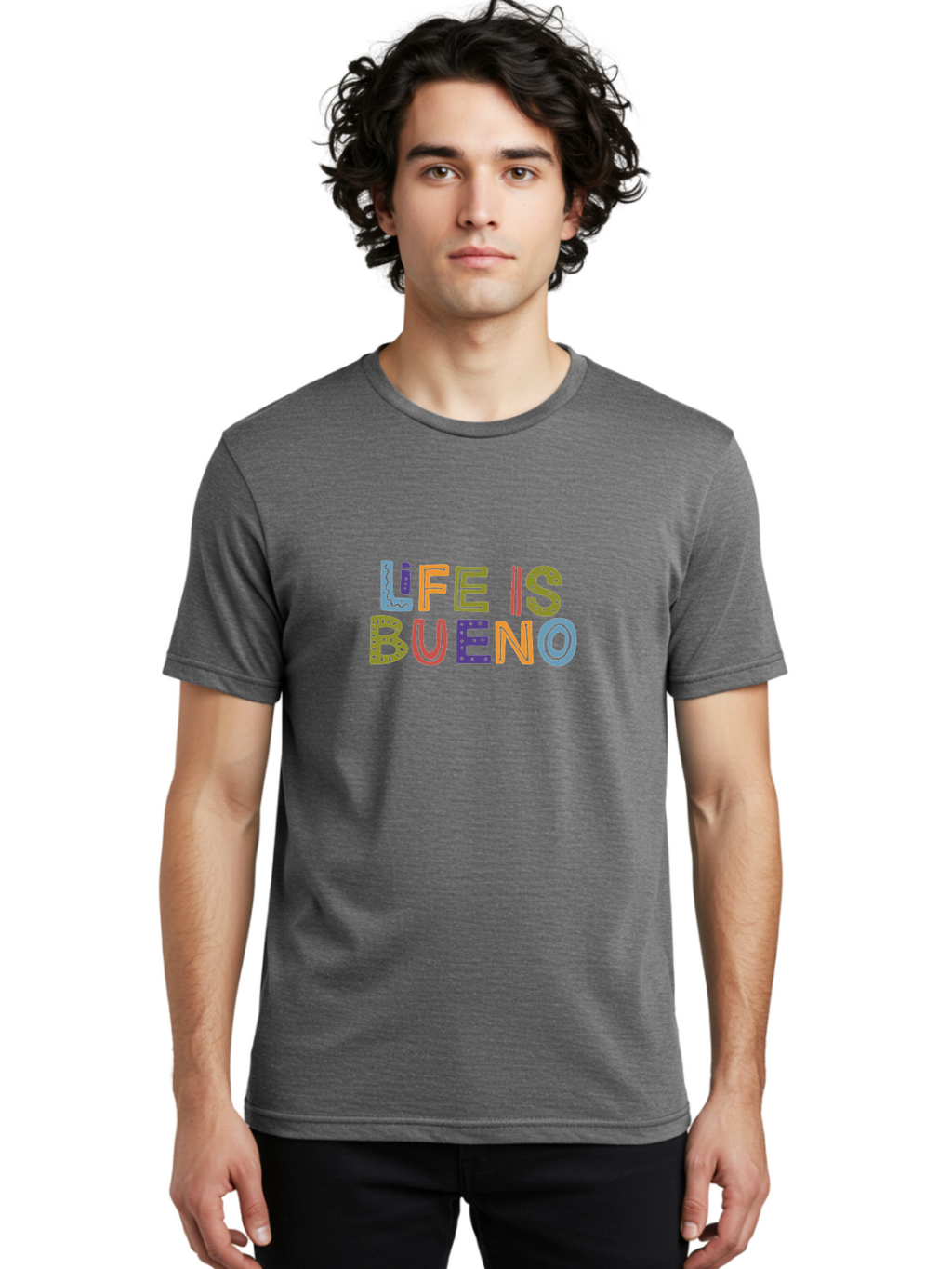 Life-Is-Bueno-3 Men'S Graphic Tee, 100% Cotton, Comfortable Casual Summer Wear, Machine Washable, Multicolored Lettering, Inspirational Quote, Motivational Phrase, Colorful Typography, Positive Vibes, Happiness, Life Is Bueno -  Aaa271