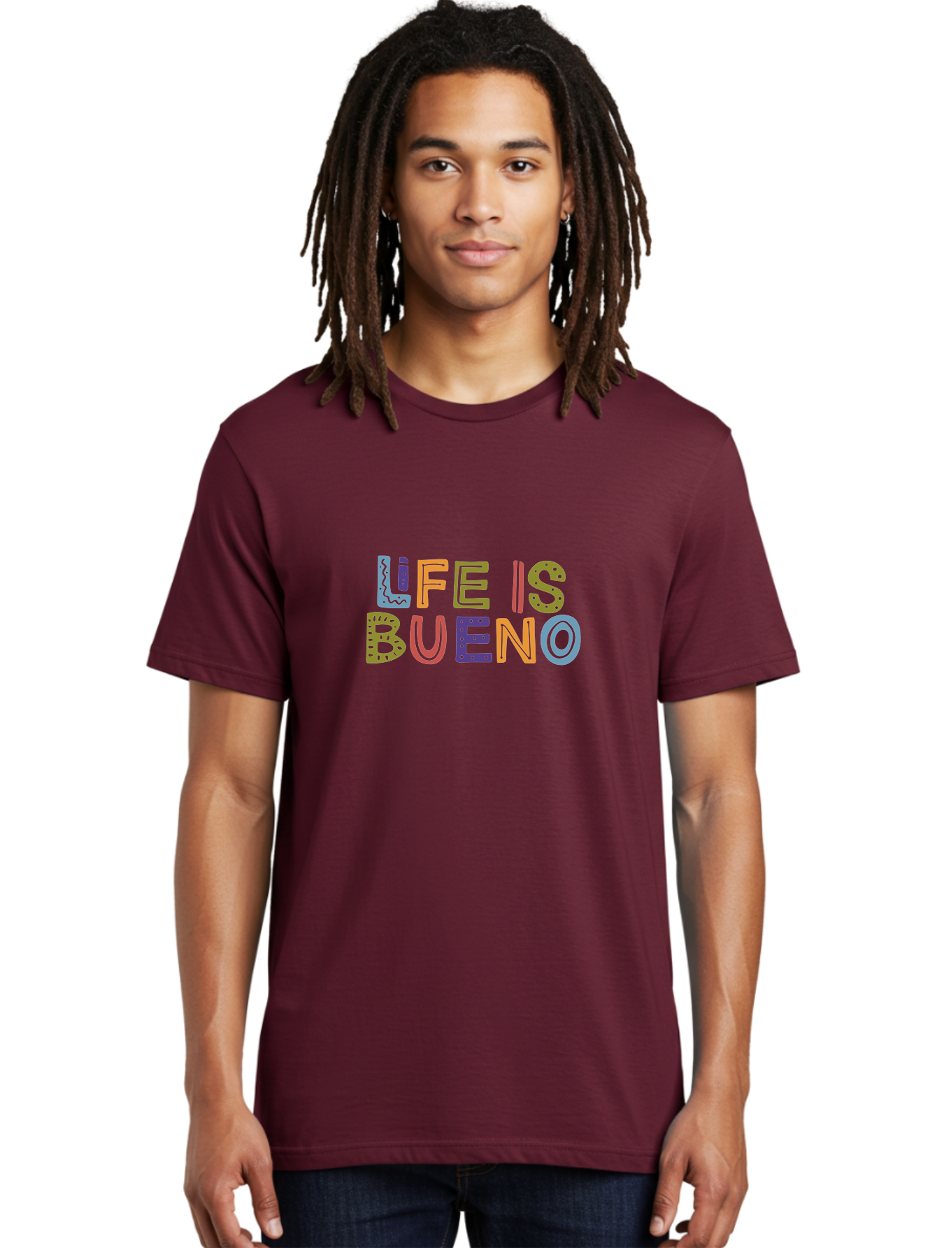 Life-Is-Bueno-3 Men'S Graphic Tee, 100% Cotton, Comfortable Casual Summer Wear, Machine Washable, Multicolored Lettering, Inspirational Quote, Motivational Phrase, Colorful Typography, Positive Vibes, Happiness, Life Is Bueno -  Aaa271
