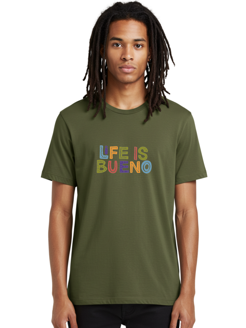 Life-Is-Bueno-3 Men'S Graphic Tee, 100% Cotton, Comfortable Casual Summer Wear, Machine Washable, Multicolored Lettering, Inspirational Quote, Motivational Phrase, Colorful Typography, Positive Vibes, Happiness, Life Is Bueno -  Aaa271