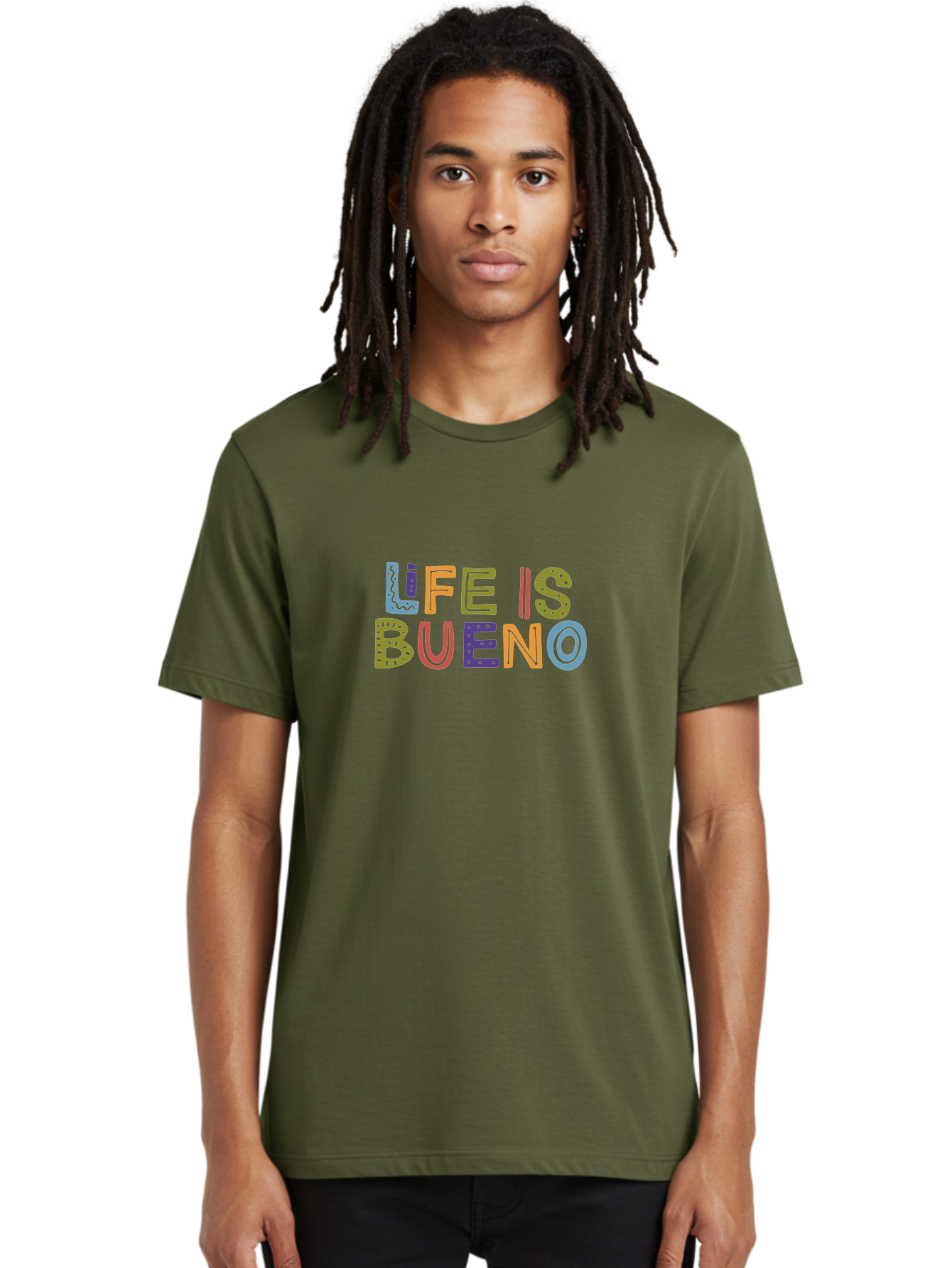 Life-Is-Bueno-3 Men'S Graphic Tee, 100% Cotton, Comfortable Casual Summer Wear, Machine Washable, Multicolored Lettering, Inspirational Quote, Motivational Phrase, Colorful Typography, Positive Vibes, Happiness, Life Is Bueno -  Aaa271