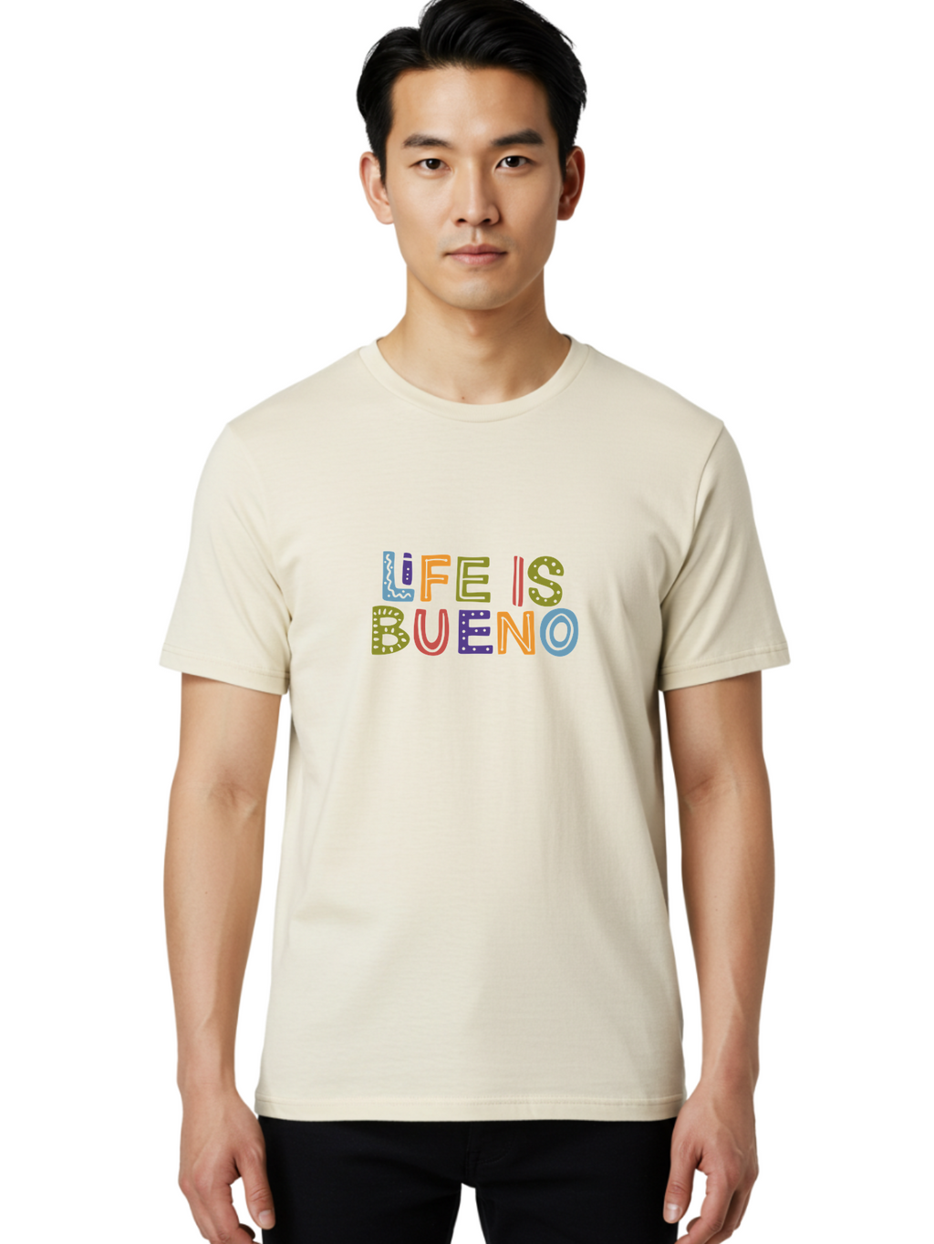 Life-Is-Bueno-3 Men'S Graphic Tee, 100% Cotton, Comfortable Casual Summer Wear, Machine Washable, Multicolored Lettering, Inspirational Quote, Motivational Phrase, Colorful Typography, Positive Vibes, Happiness, Life Is Bueno -  Aaa271