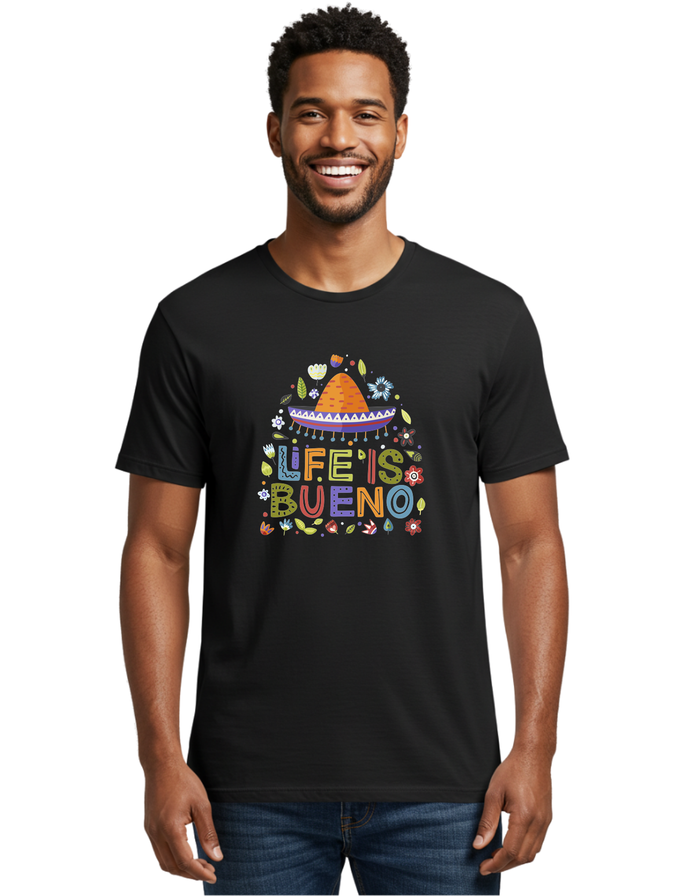 Life-Is-Bueno Men'S Graphic Tee, 100% Cotton, Comfortable Casual Summer Wear, Machine Washable, Colorful Sombrero, Vibrant Flowers, Festive Design, Fun Typography, Life Is Bueno Phrase, Lively Atmosphere, Festive Vibe, Celebration Theme, -  Aaa272