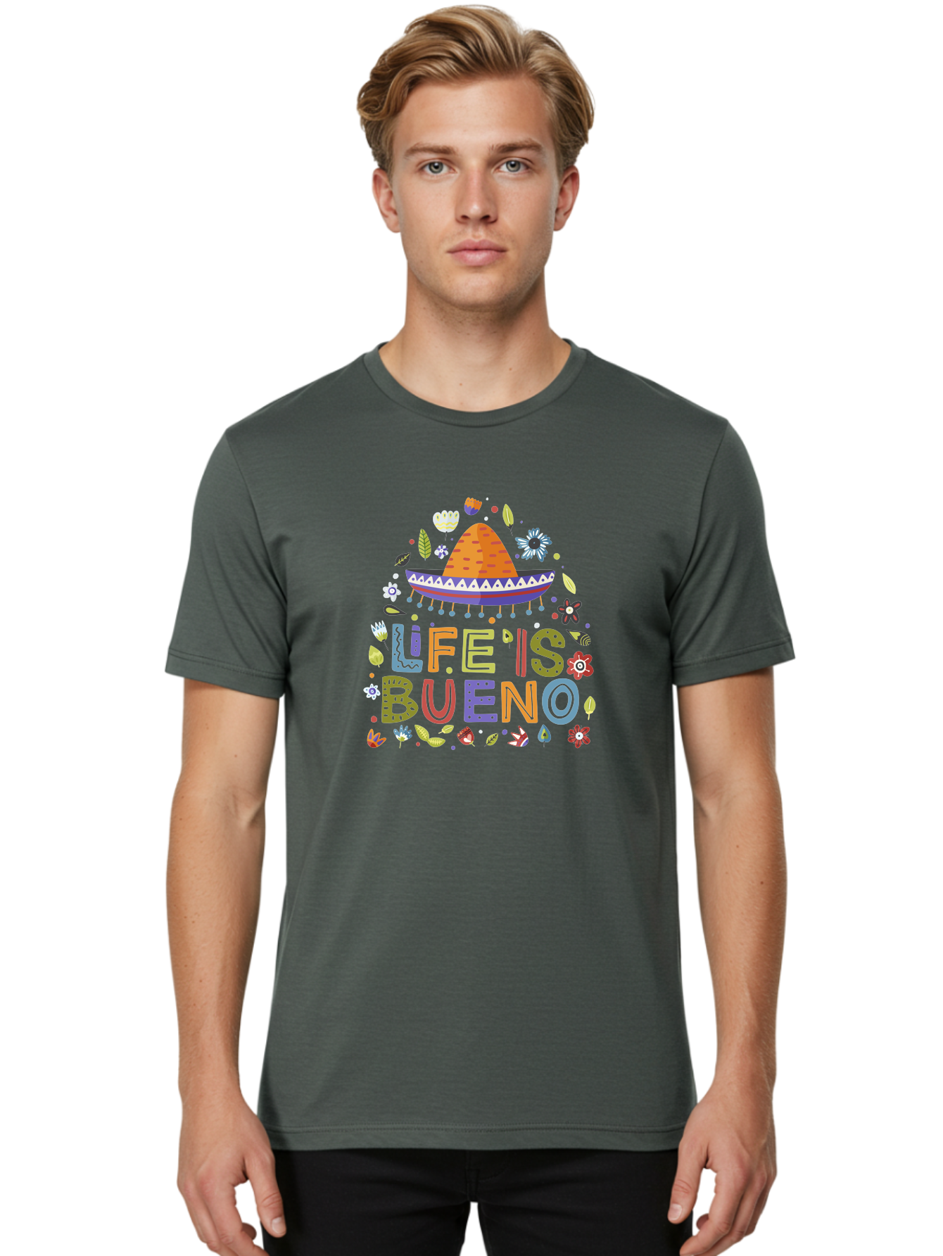 Life-Is-Bueno Men'S Graphic Tee, 100% Cotton, Comfortable Casual Summer Wear, Machine Washable, Colorful Sombrero, Vibrant Flowers, Festive Design, Fun Typography, Life Is Bueno Phrase, Lively Atmosphere, Festive Vibe, Celebration Theme, -  Aaa272