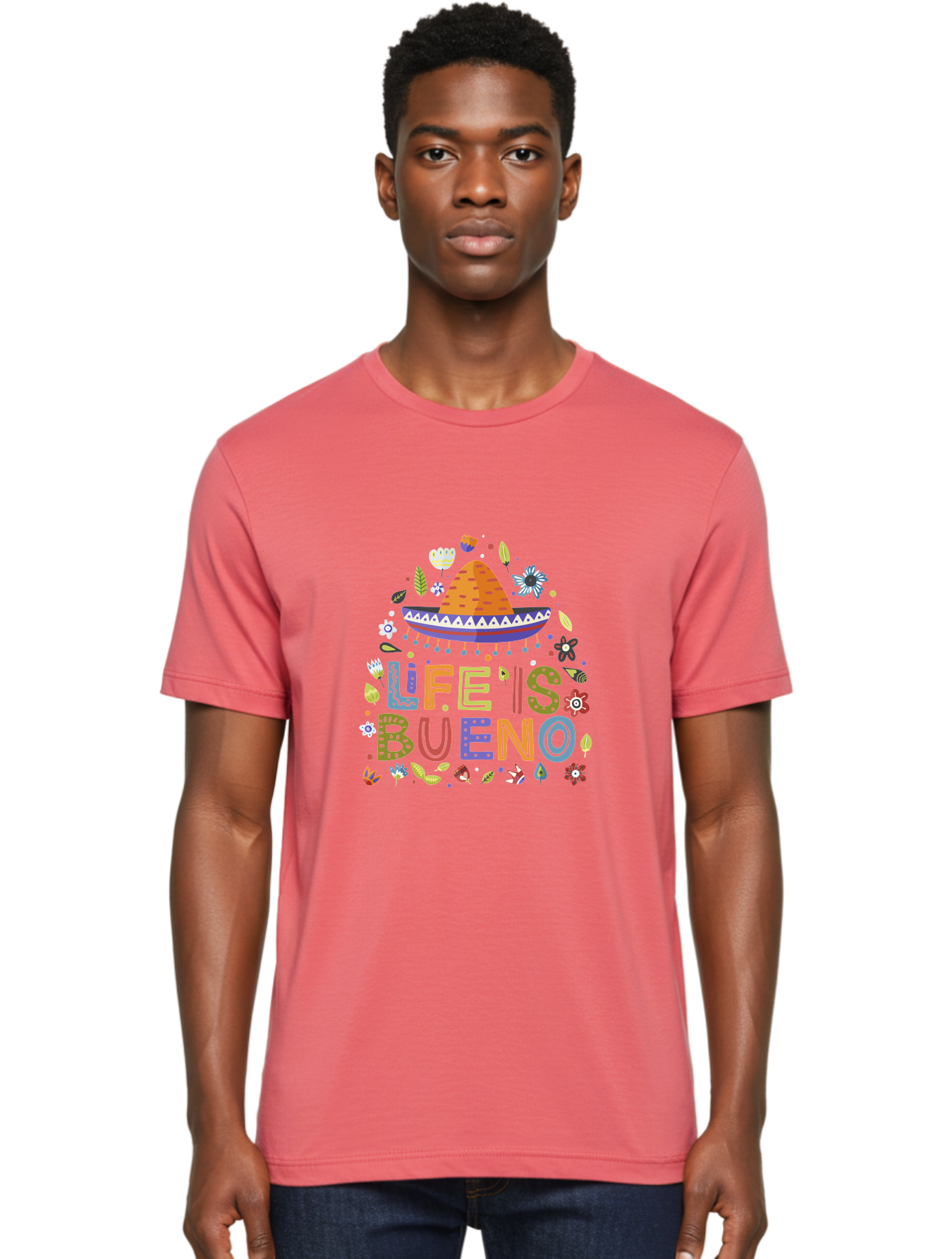 Life-Is-Bueno Men'S Graphic Tee, 100% Cotton, Comfortable Casual Summer Wear, Machine Washable, Colorful Sombrero, Vibrant Flowers, Festive Design, Fun Typography, Life Is Bueno Phrase, Lively Atmosphere, Festive Vibe, Celebration Theme, -  Aaa272