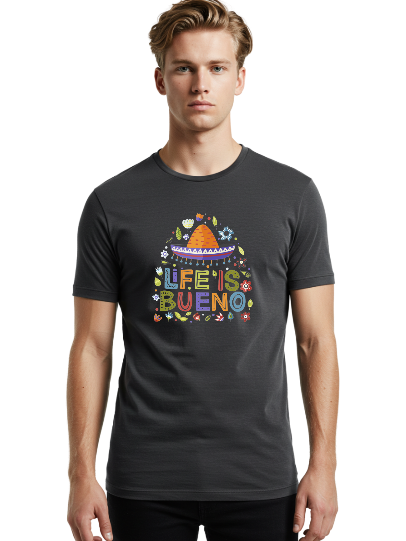 Life-Is-Bueno Men'S Graphic Tee, 100% Cotton, Comfortable Casual Summer Wear, Machine Washable, Colorful Sombrero, Vibrant Flowers, Festive Design, Fun Typography, Life Is Bueno Phrase, Lively Atmosphere, Festive Vibe, Celebration Theme, -  Aaa272