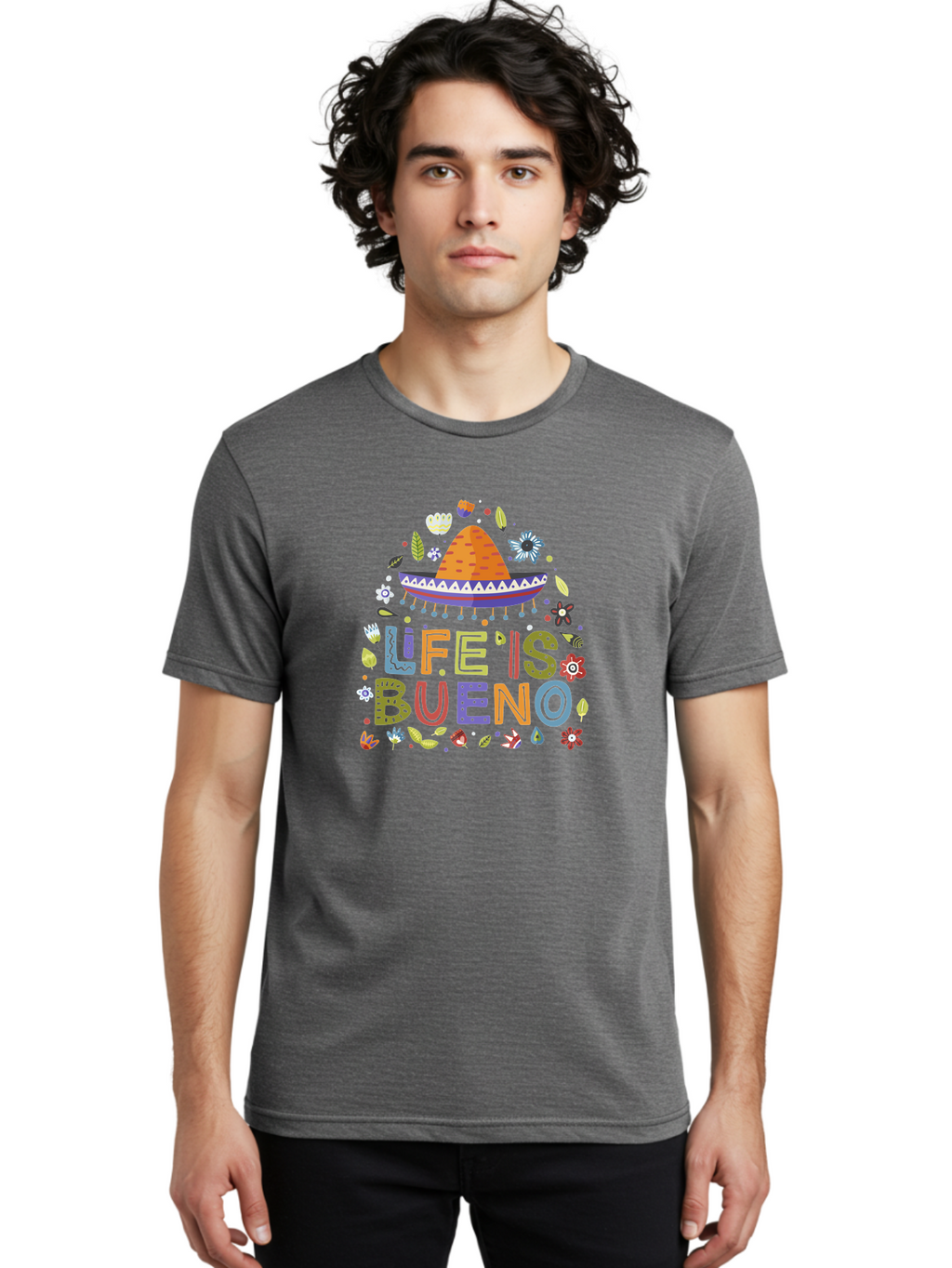 Life-Is-Bueno Men'S Graphic Tee, 100% Cotton, Comfortable Casual Summer Wear, Machine Washable, Colorful Sombrero, Vibrant Flowers, Festive Design, Fun Typography, Life Is Bueno Phrase, Lively Atmosphere, Festive Vibe, Celebration Theme, -  Aaa272