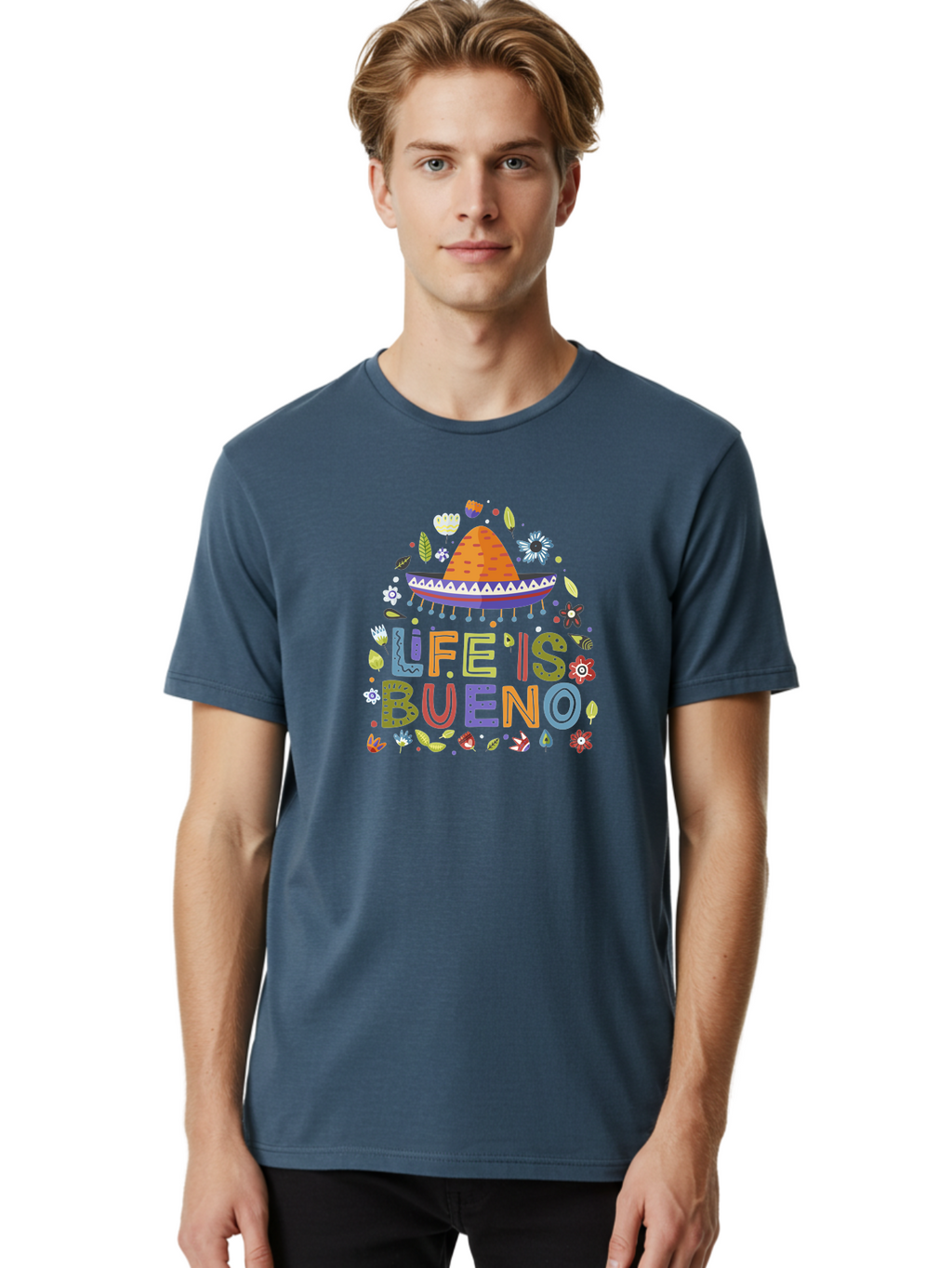 Life-Is-Bueno Men'S Graphic Tee, 100% Cotton, Comfortable Casual Summer Wear, Machine Washable, Colorful Sombrero, Vibrant Flowers, Festive Design, Fun Typography, Life Is Bueno Phrase, Lively Atmosphere, Festive Vibe, Celebration Theme, -  Aaa272