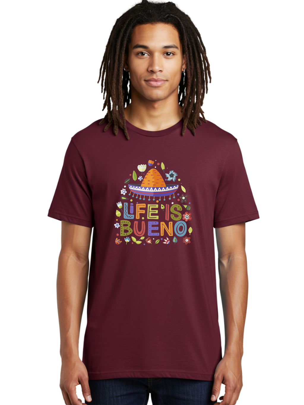 Life-Is-Bueno Men'S Graphic Tee, 100% Cotton, Comfortable Casual Summer Wear, Machine Washable, Colorful Sombrero, Vibrant Flowers, Festive Design, Fun Typography, Life Is Bueno Phrase, Lively Atmosphere, Festive Vibe, Celebration Theme, -  Aaa272