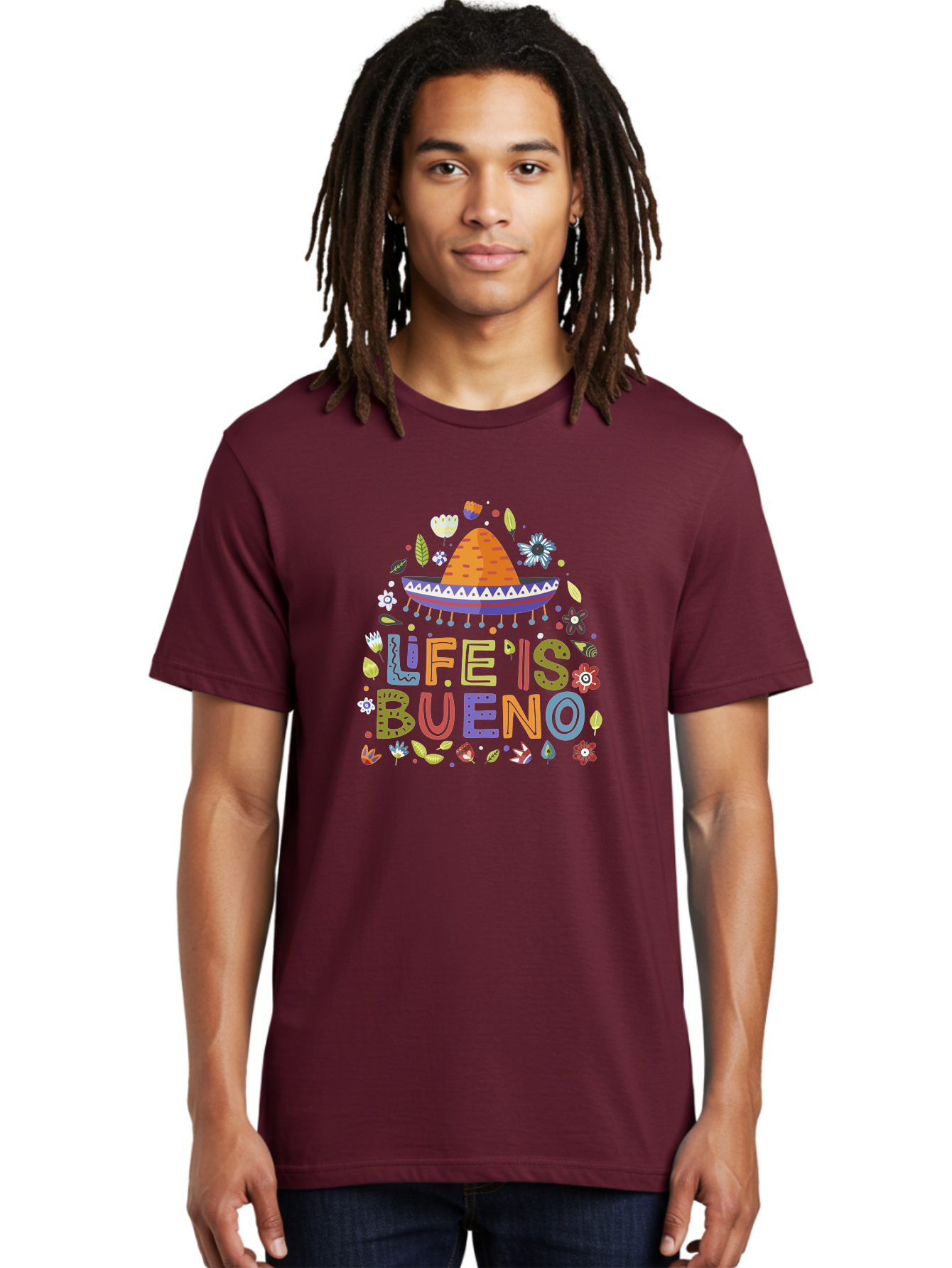 Life-Is-Bueno Men'S Graphic Tee, 100% Cotton, Comfortable Casual Summer Wear, Machine Washable, Colorful Sombrero, Vibrant Flowers, Festive Design, Fun Typography, Life Is Bueno Phrase, Lively Atmosphere, Festive Vibe, Celebration Theme, -  Aaa272