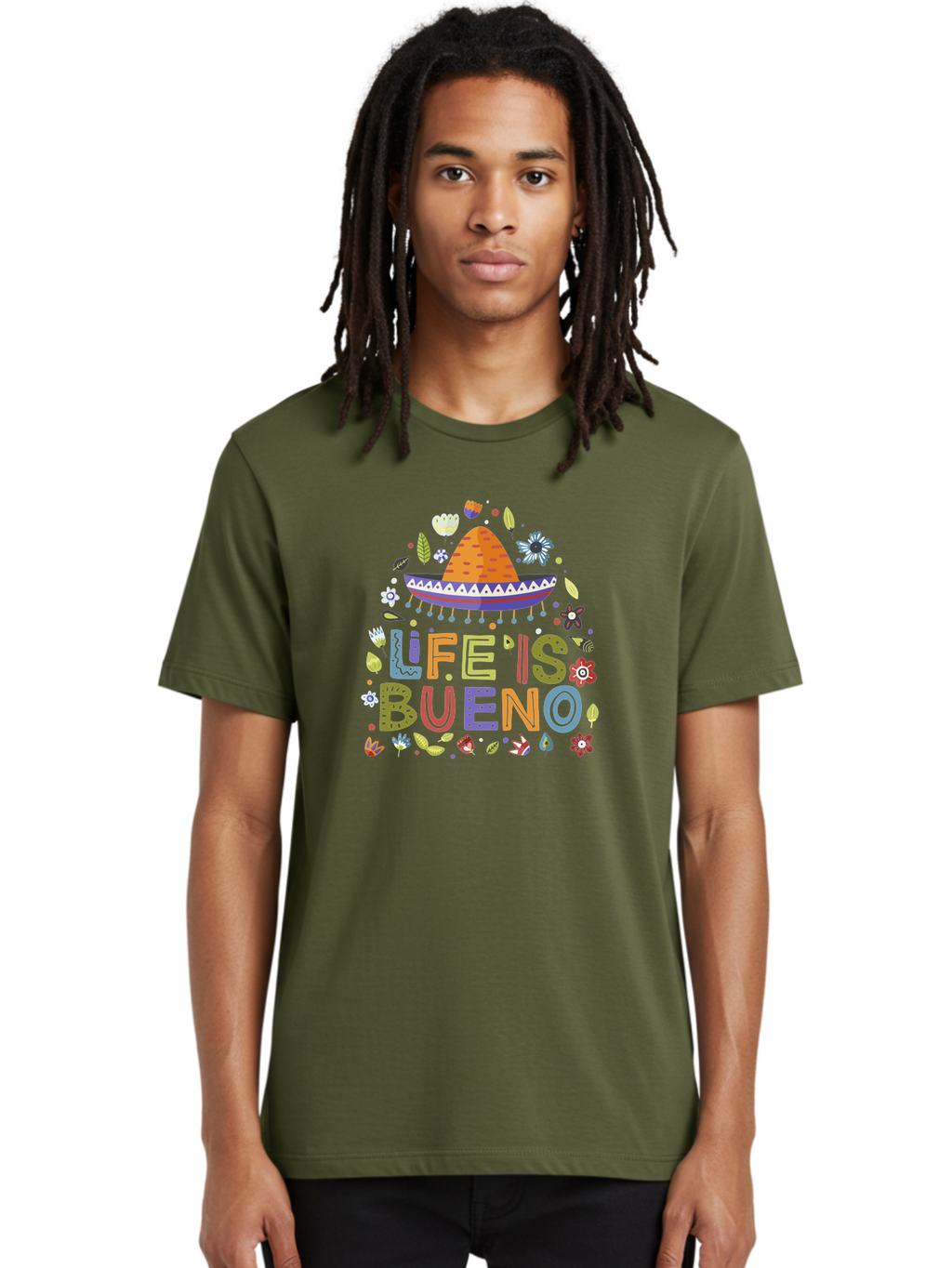 Life-Is-Bueno Men'S Graphic Tee, 100% Cotton, Comfortable Casual Summer Wear, Machine Washable, Colorful Sombrero, Vibrant Flowers, Festive Design, Fun Typography, Life Is Bueno Phrase, Lively Atmosphere, Festive Vibe, Celebration Theme, -  Aaa272